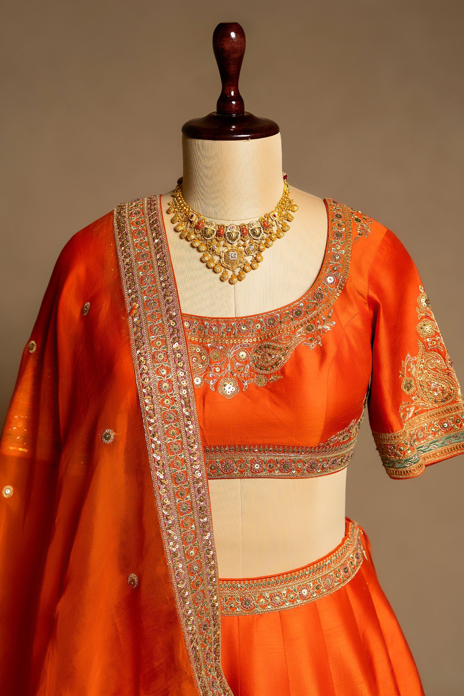 Orange Matka Silk Sequins and Zardosi Worked Border Lehenga - Image 4