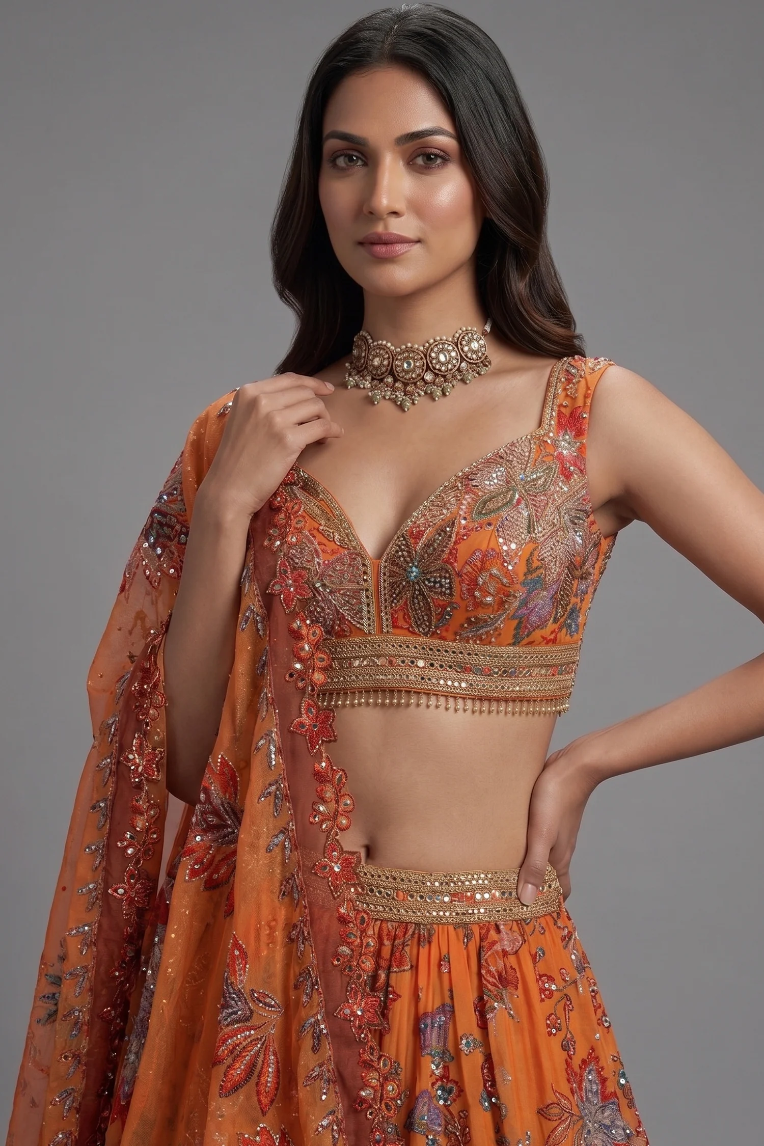 Orange Organza Floral Printed Lehenga Set with Sequin and Cutdana Work - Image 2