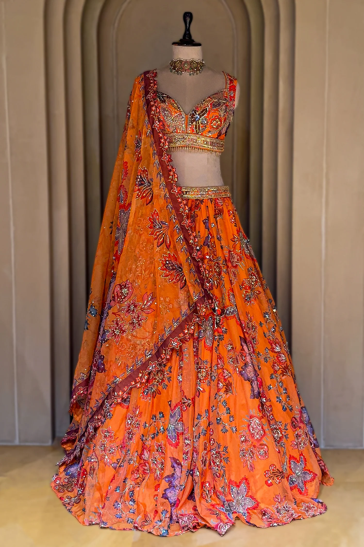 Orange Organza Floral Printed Lehenga Set with Sequin and Cutdana Work - Image 3