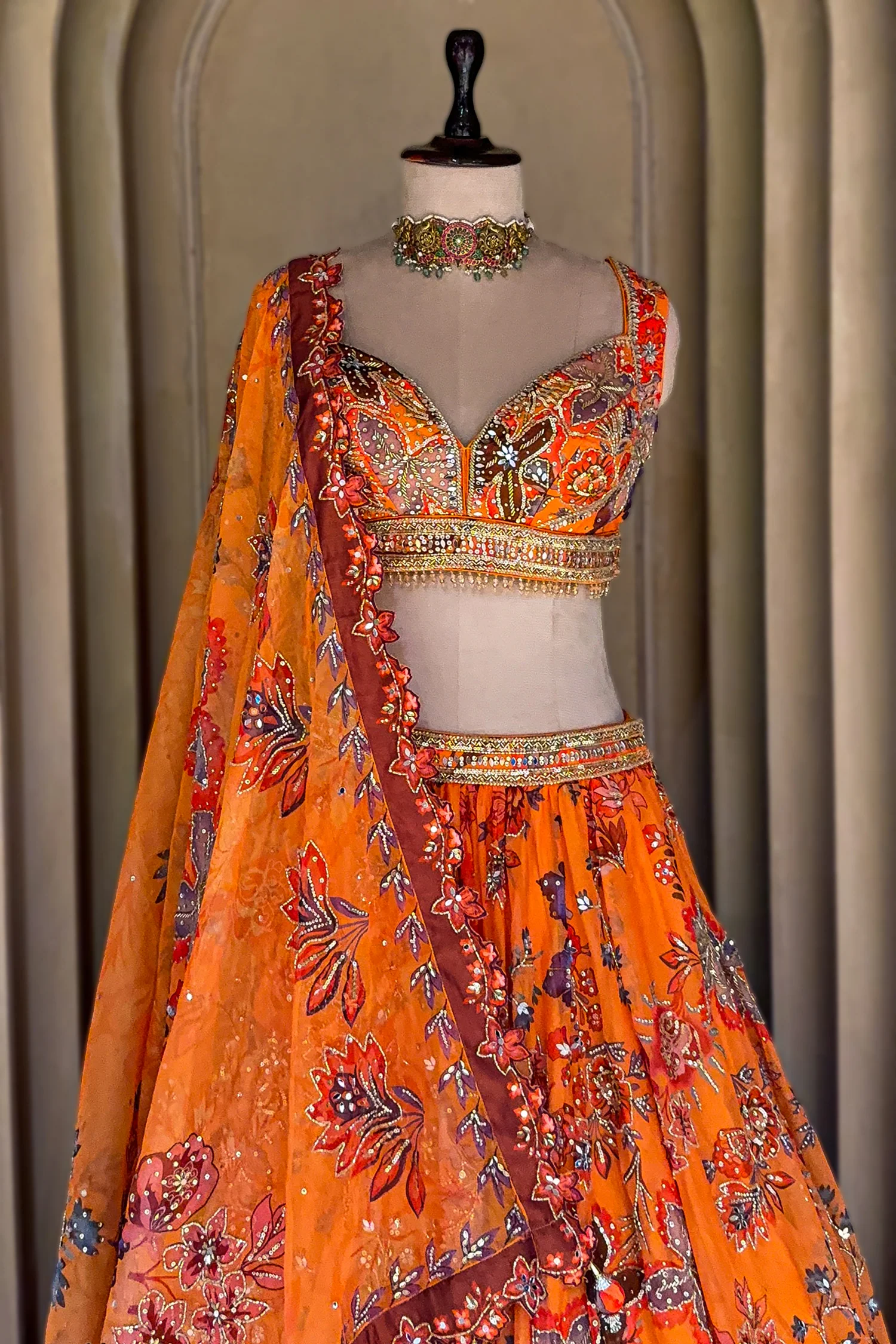 Orange Organza Floral Printed Lehenga Set with Sequin and Cutdana Work - Image 4