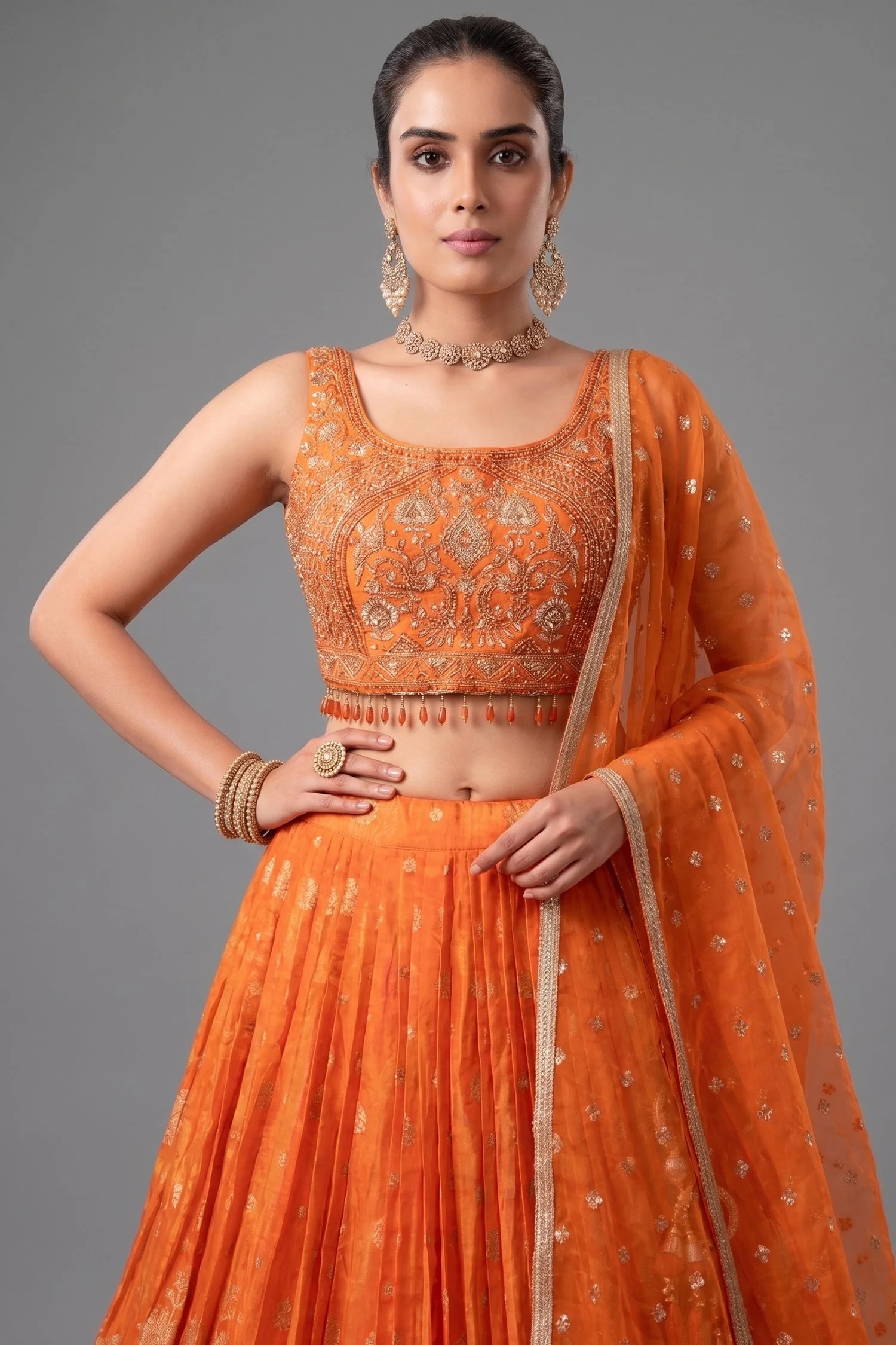 Orange Organza Woven Pleated Lehenga - Image 2