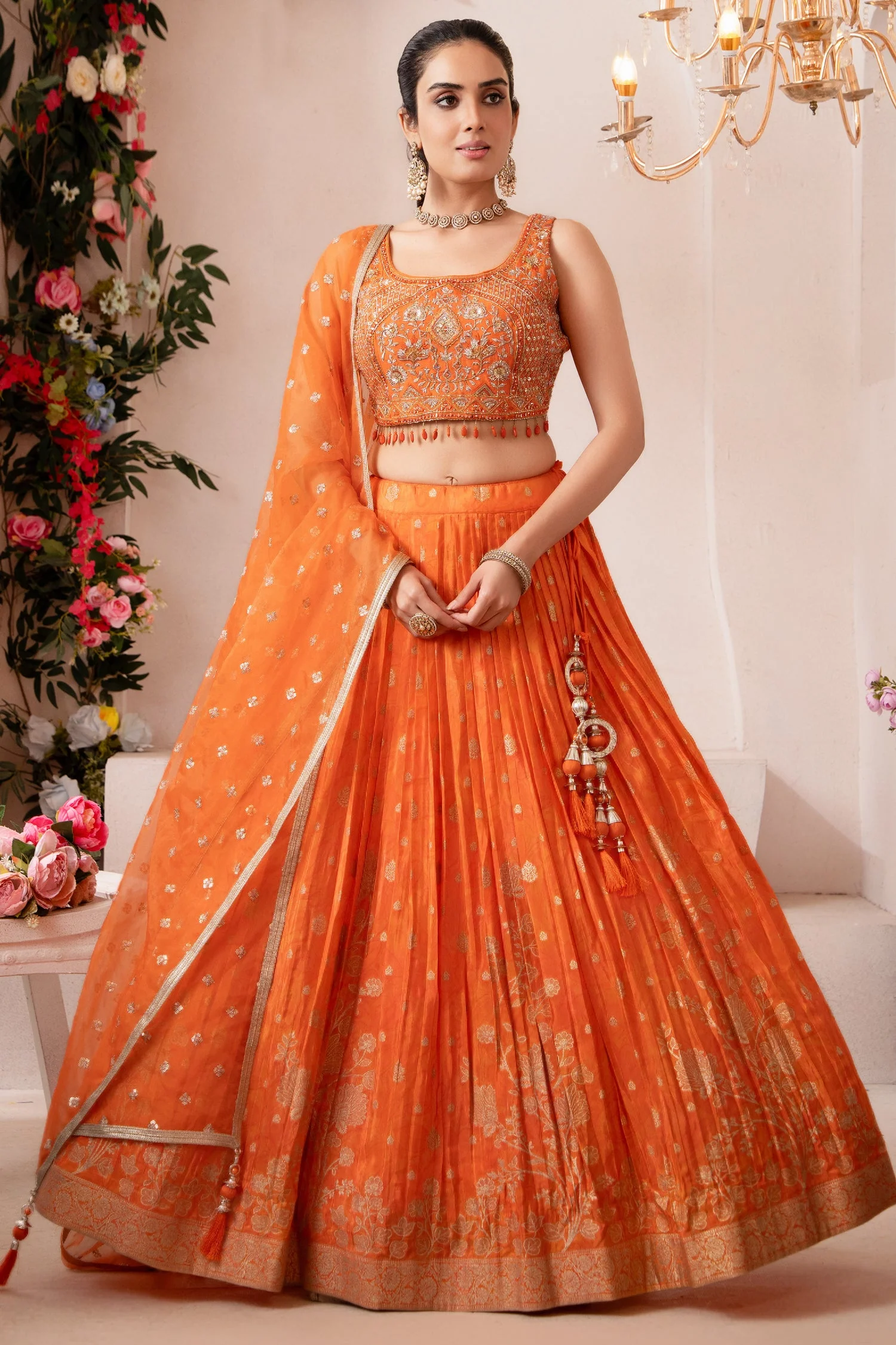Orange Organza Woven Pleated Lehenga - Image 3