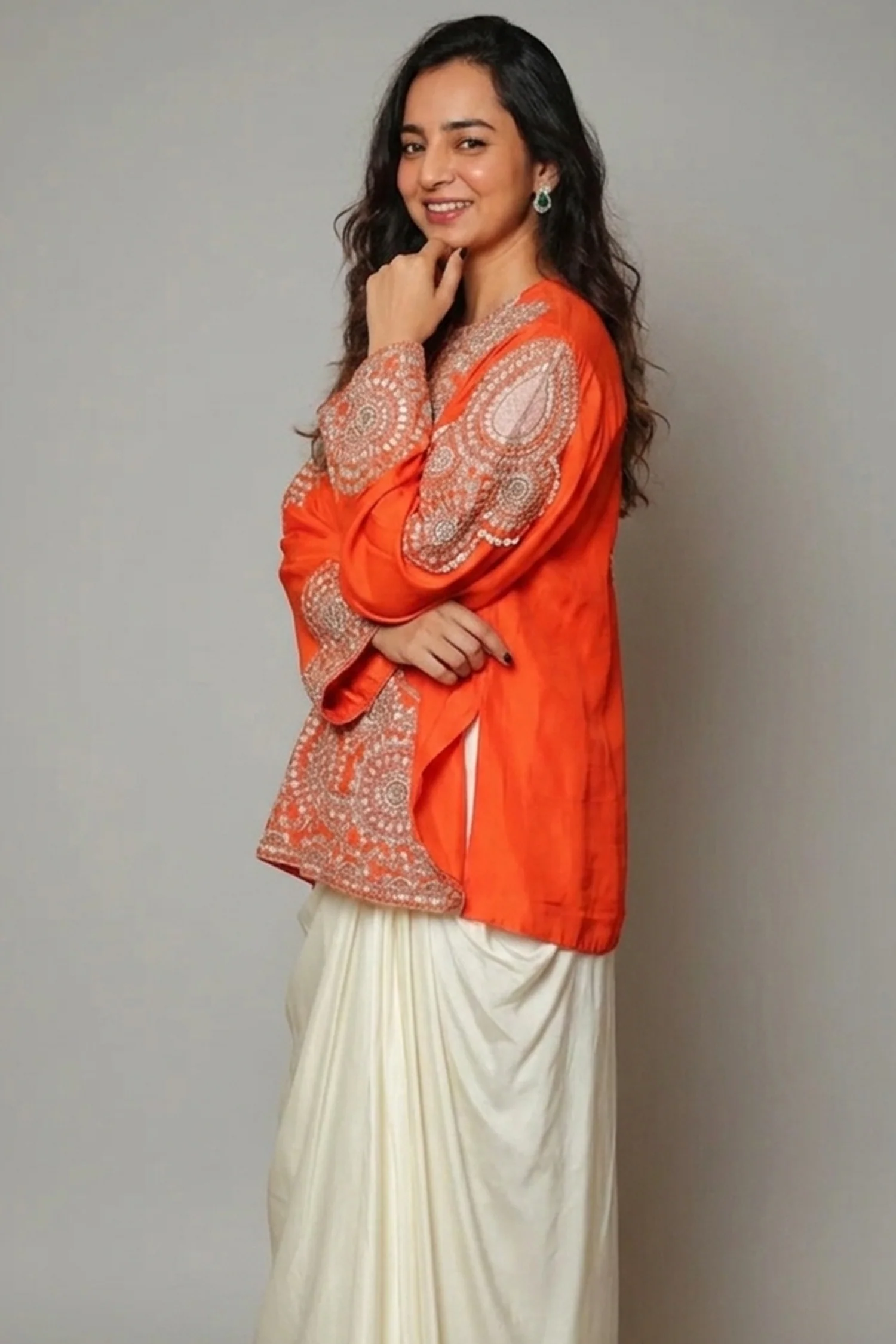 Orange Raw Silk Beaded and Gota Work Cape Top and Dhoti Skirt Set - Image 2