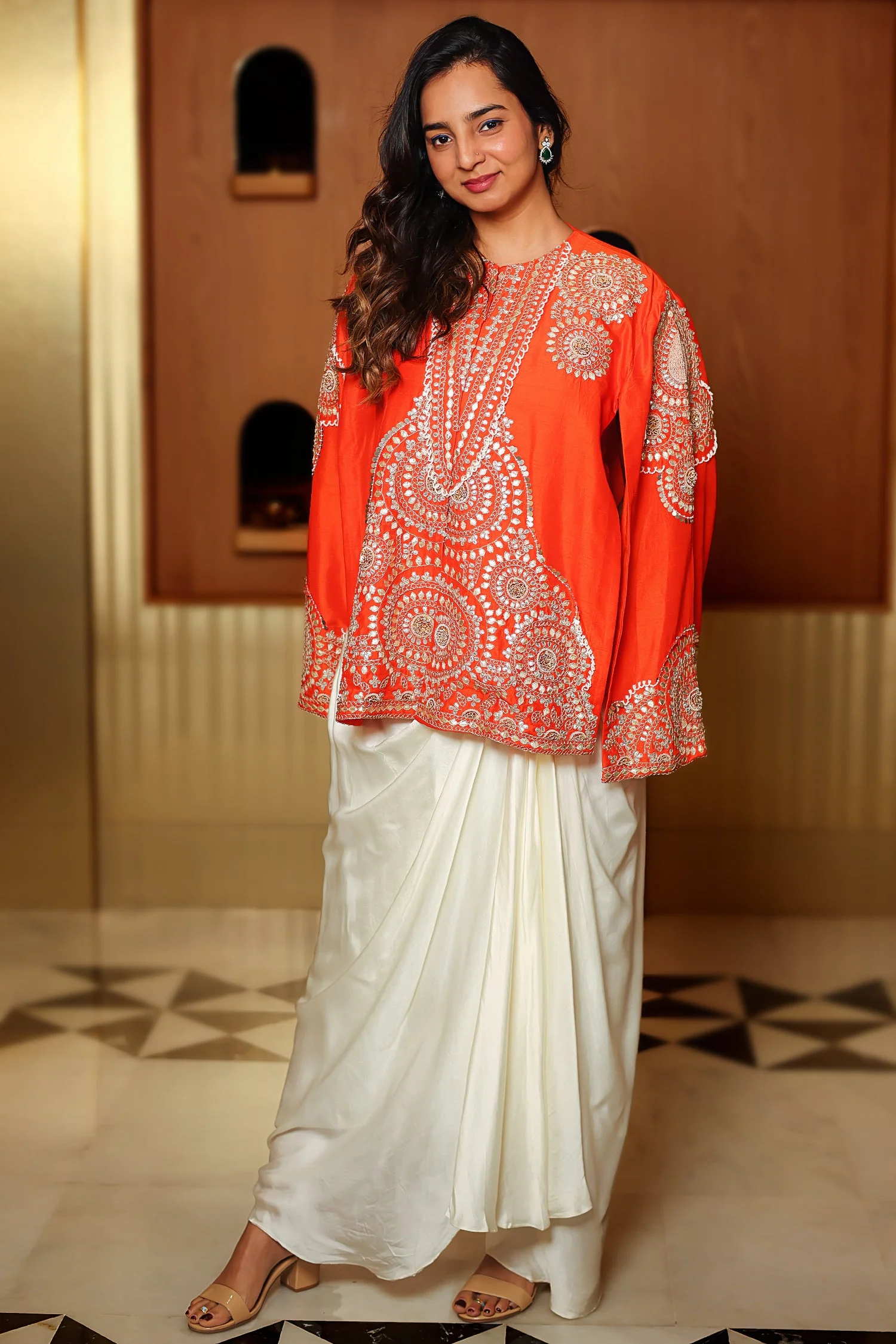 Orange Raw Silk Beaded and Gota Work Cape Top and Dhoti Skirt Set - Image 3