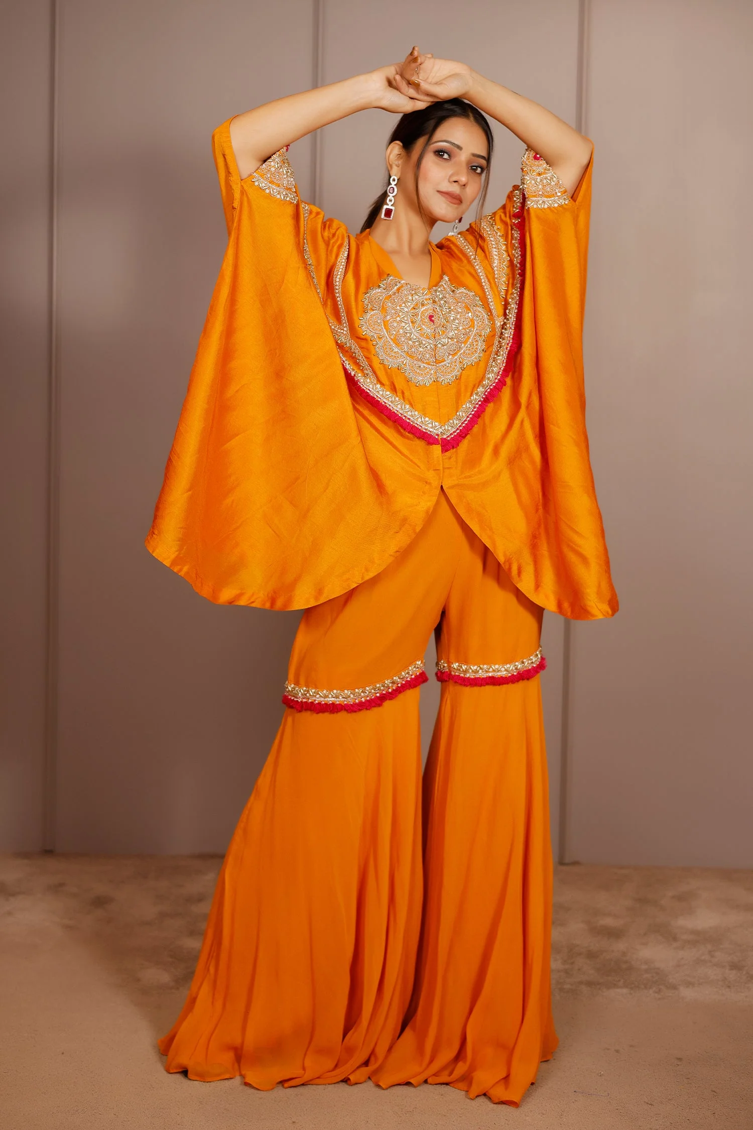 Orange Raw Silk Dori Embroidered Sharara Set - Image 3