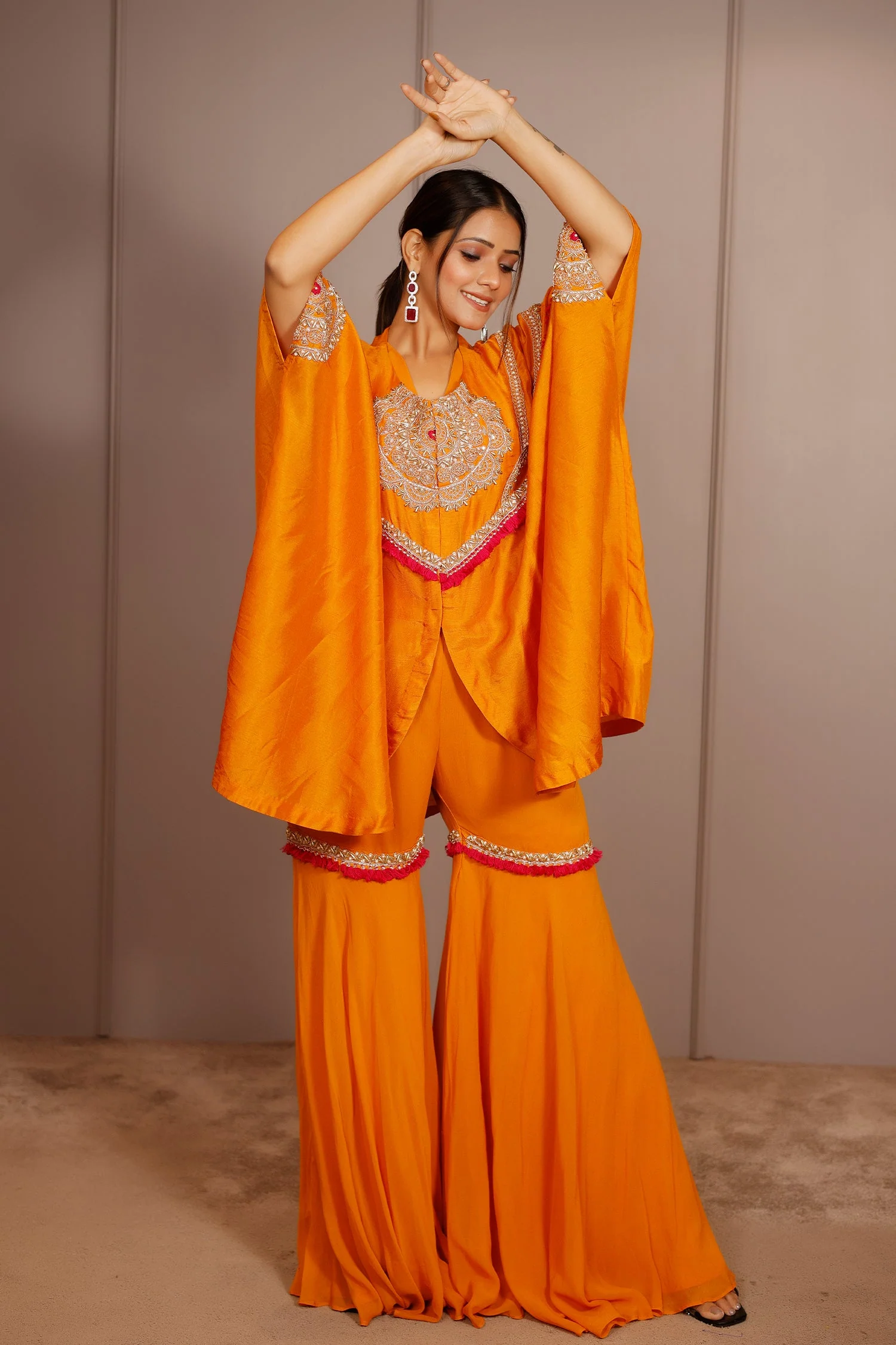 Orange Raw Silk Dori Embroidered Sharara Set - Image 4