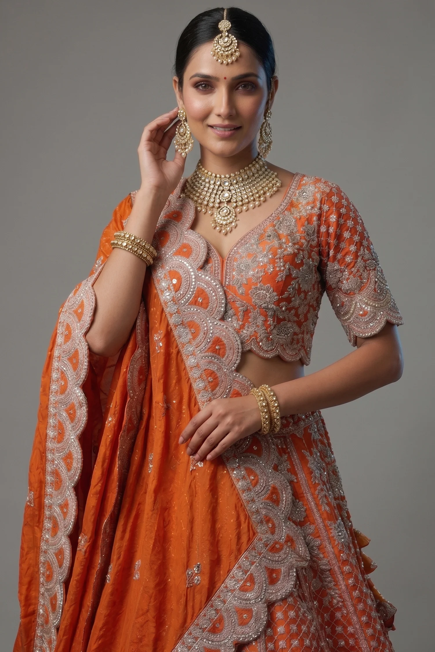 Orange Raw Silk Floral Motif Sequin and Bead Worked Bridal Lehenga - Image 2