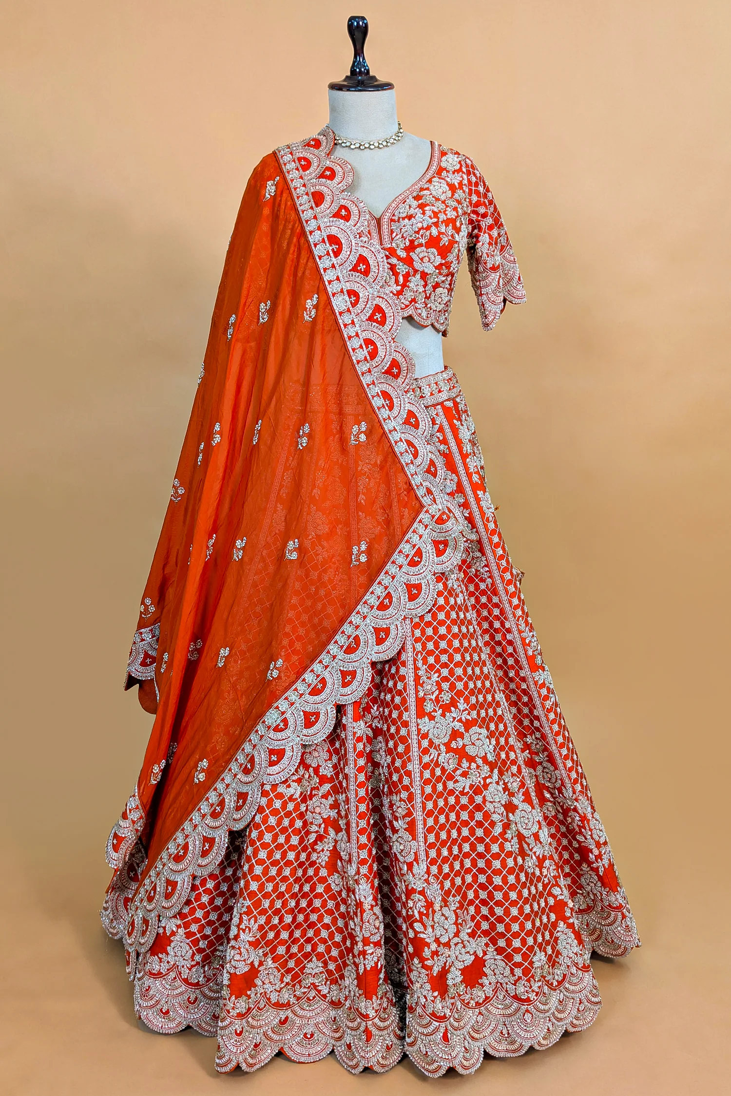 Orange Raw Silk Floral Motif Sequin and Bead Worked Bridal Lehenga - Image 3