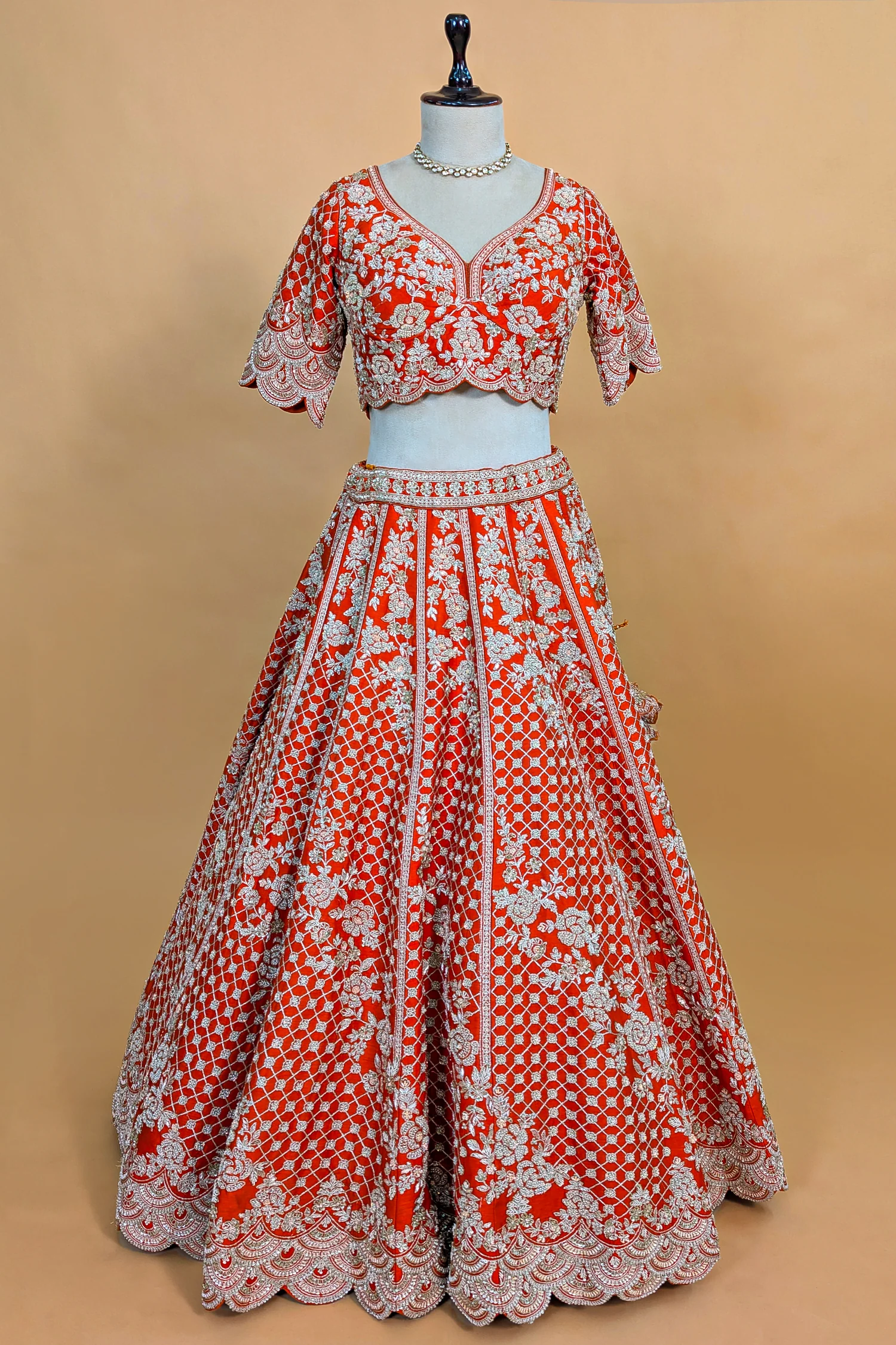 Orange Raw Silk Floral Motif Sequin and Bead Worked Bridal Lehenga - Image 4