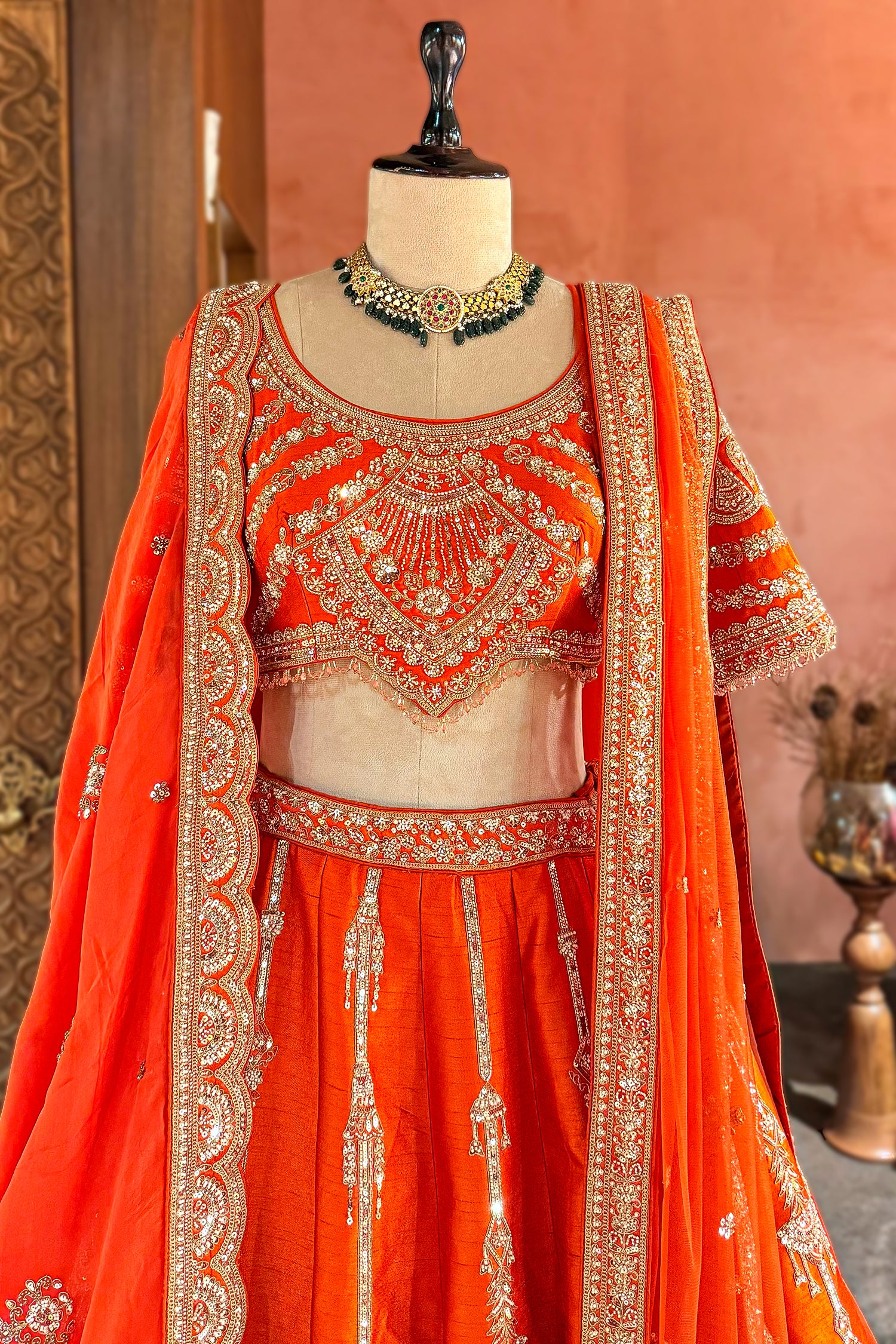 Orange Raw Silk Sequin Beaded Lehenga with Double Dupatta - Image 4