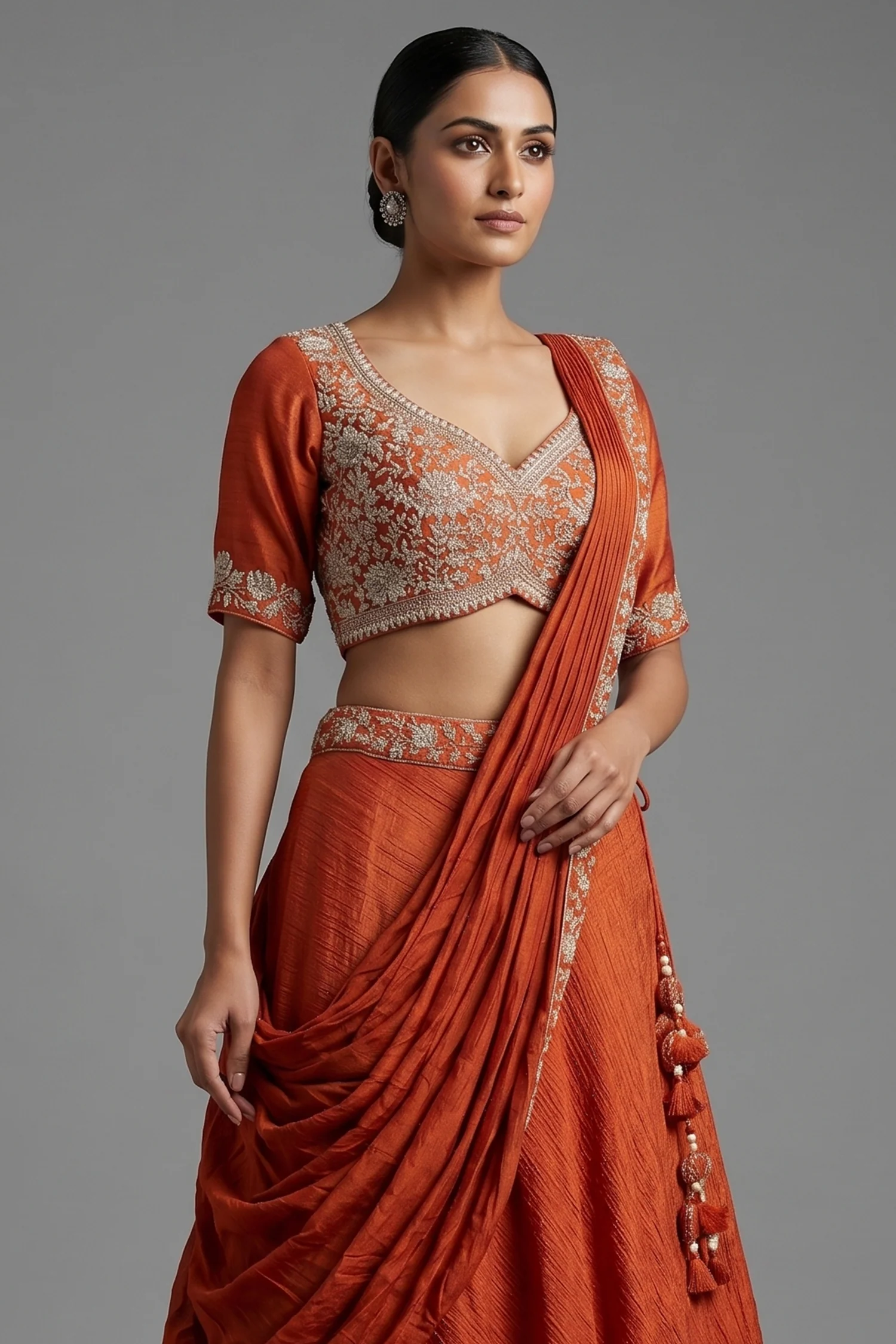 Orange Silk Zardosi Work Lehenga with Attached Dupatta - Image 2