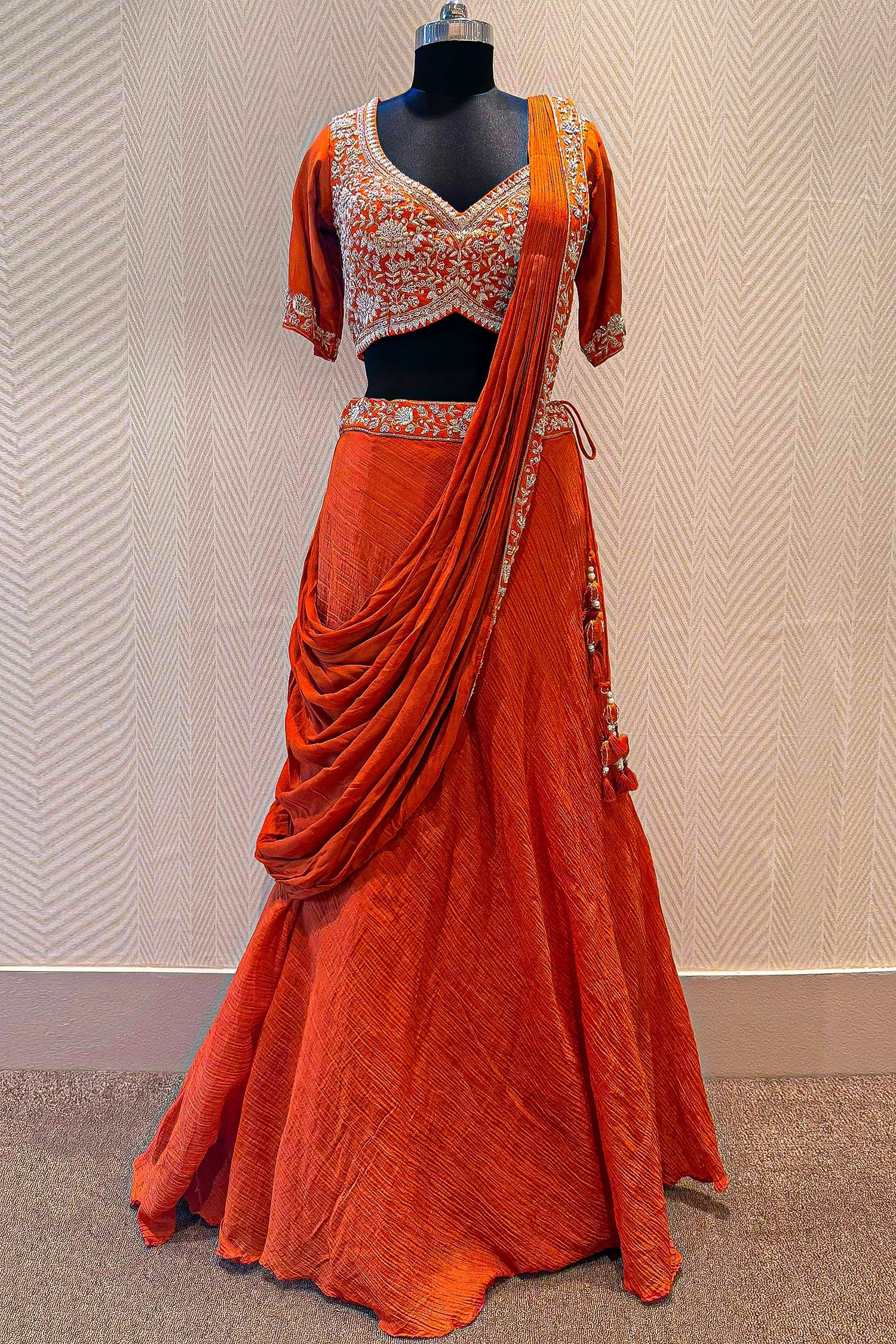 Orange Silk Zardosi Work Lehenga with Attached Dupatta - Image 3