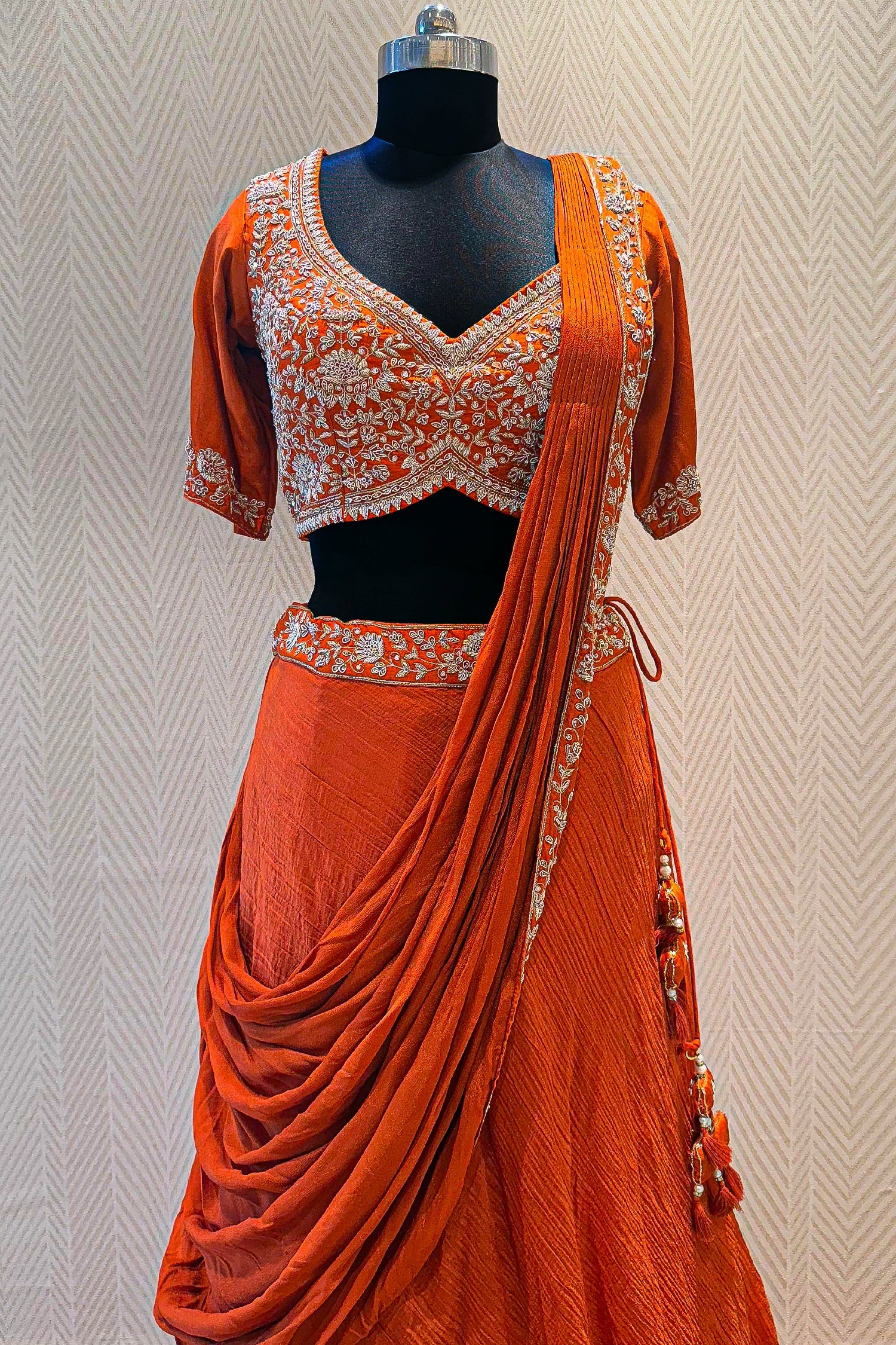 Orange Silk Zardosi Work Lehenga with Attached Dupatta - Image 4