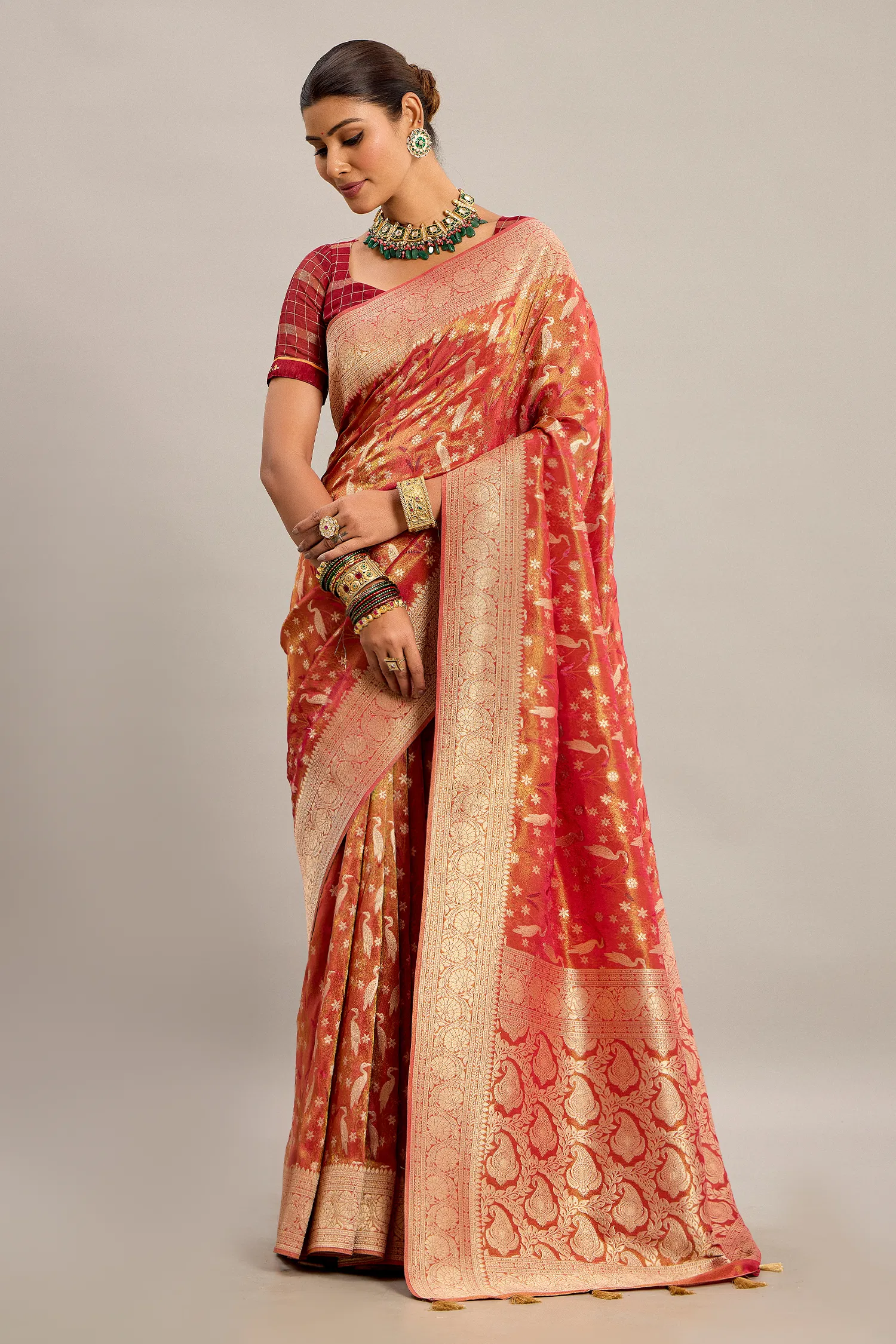 Orange Tissue Bird Motifs Zari Woven Traditional Saree with Paisley Pallu and Pink Highlights - Image 2