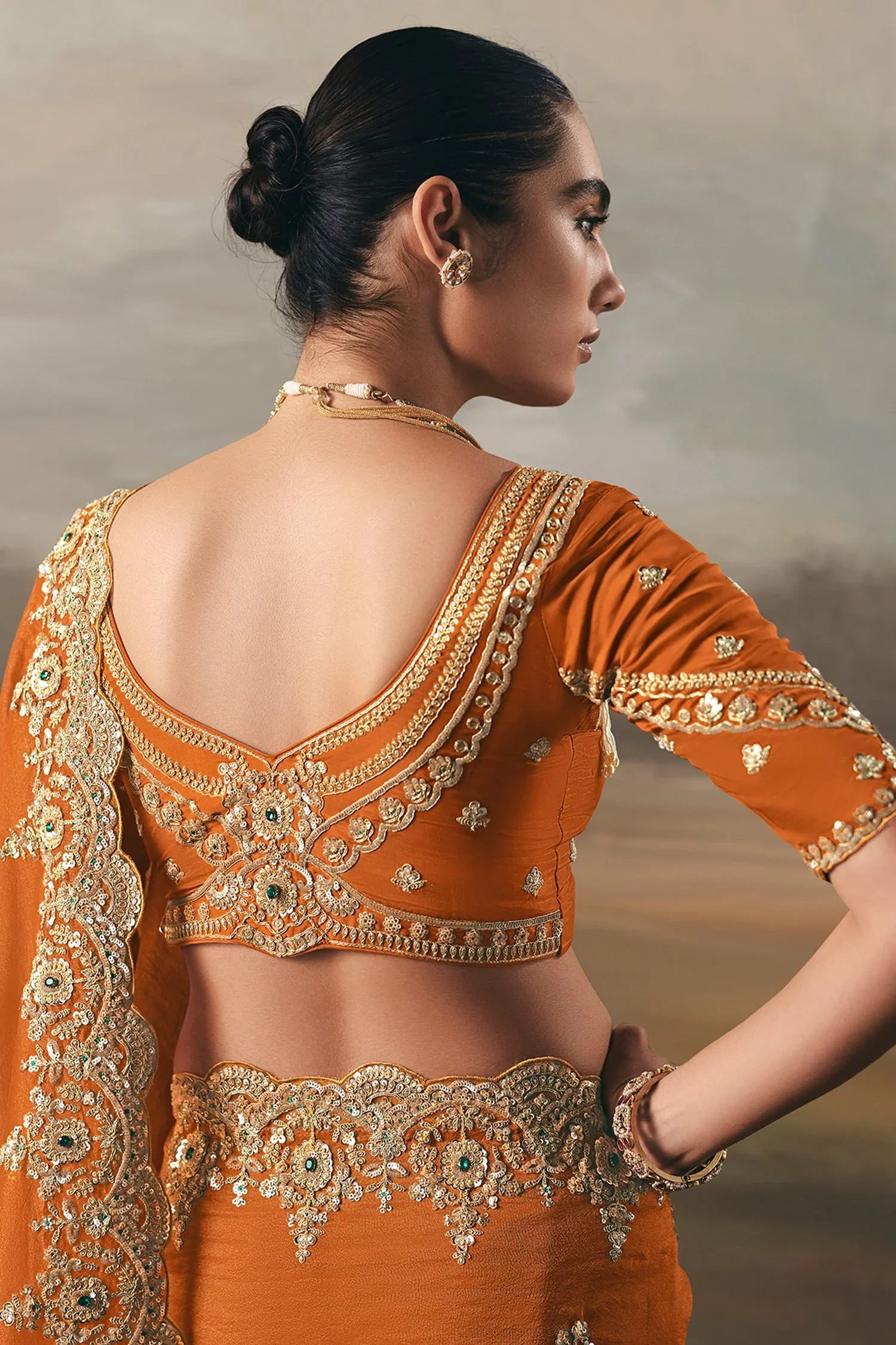 Orange Tissue Saree with Sequin and Embroidered Border - Image 3