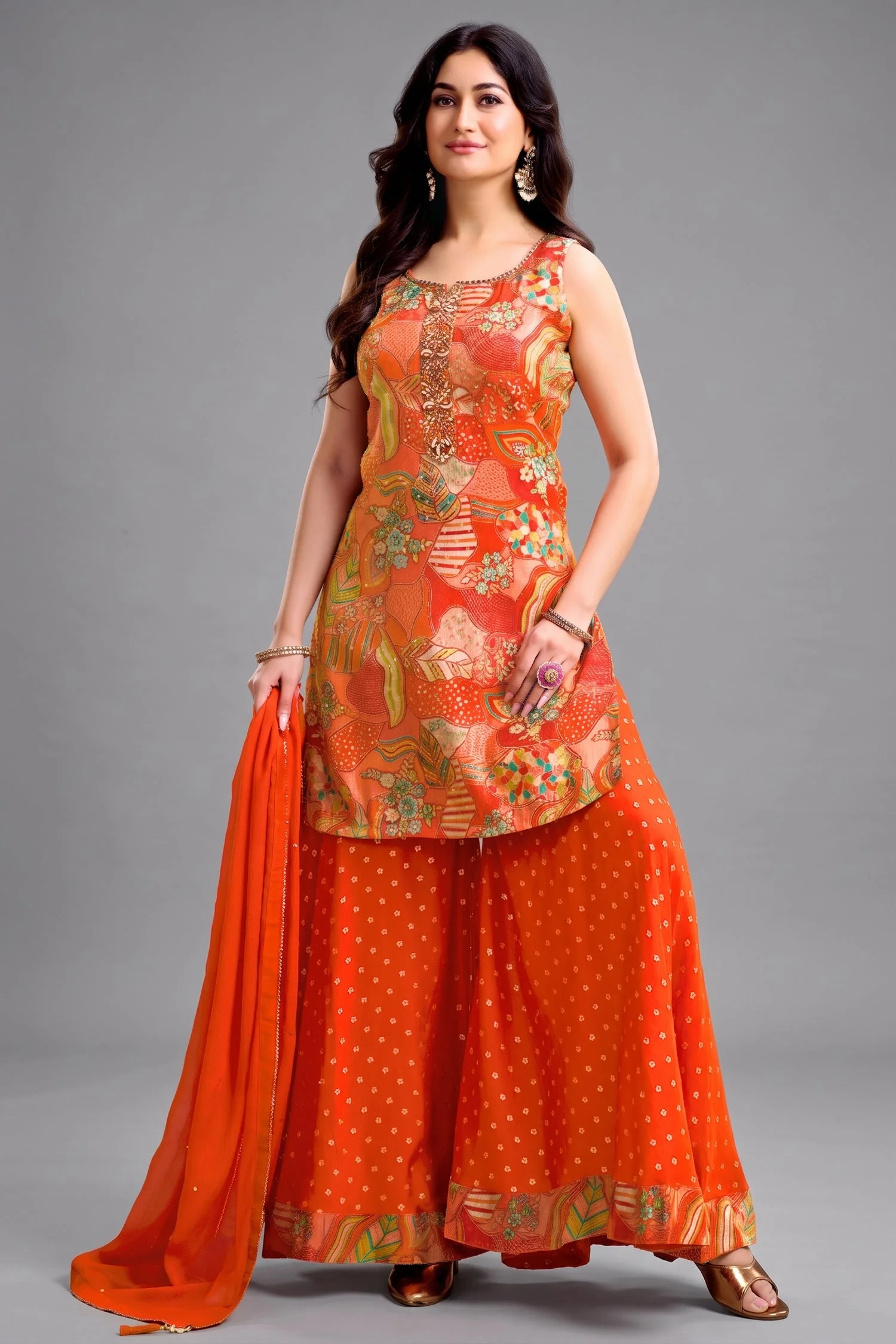 Orange Tissue Silk Printed Palazzo Suit