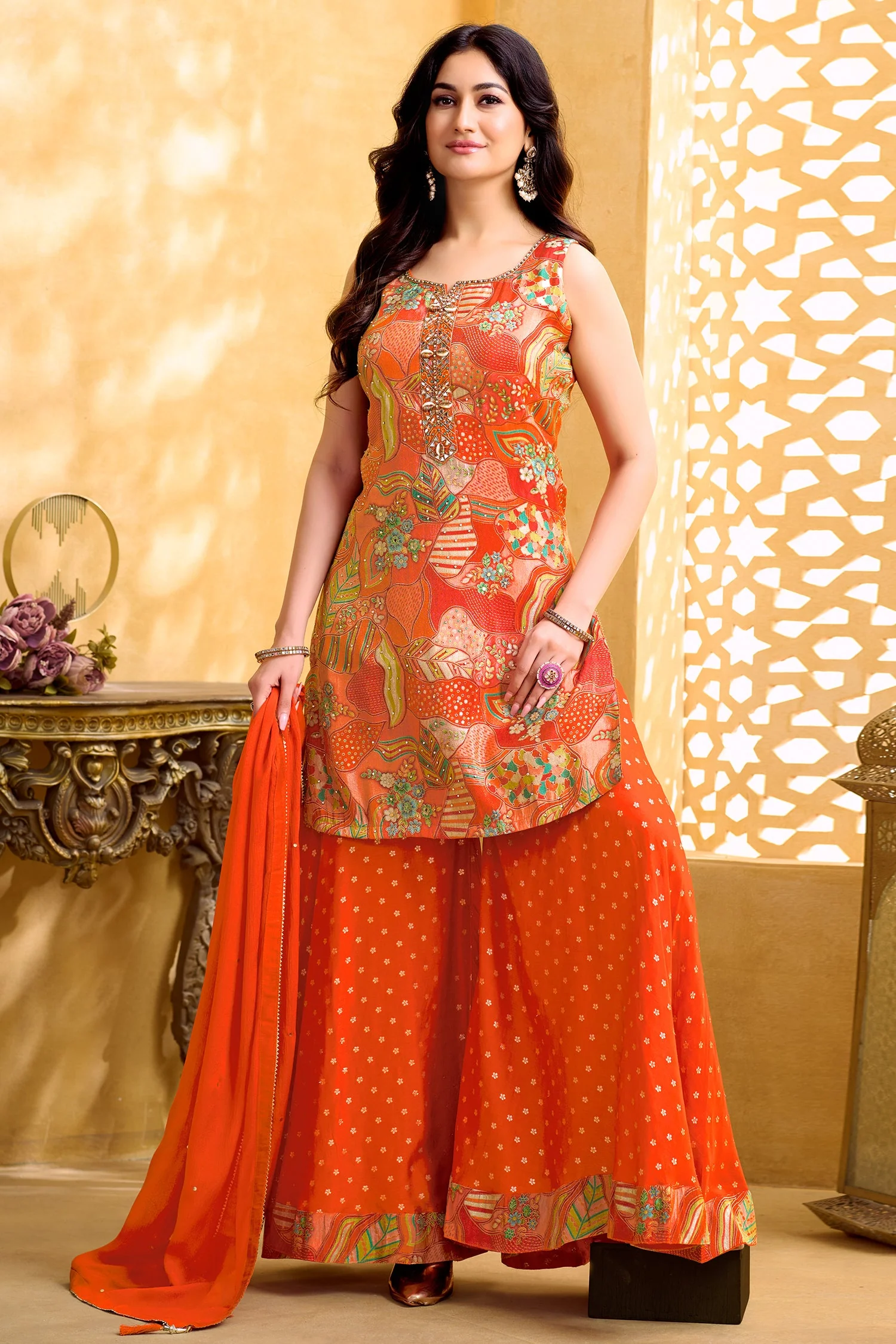 Orange Tissue Silk Printed Palazzo Suit - Image 3