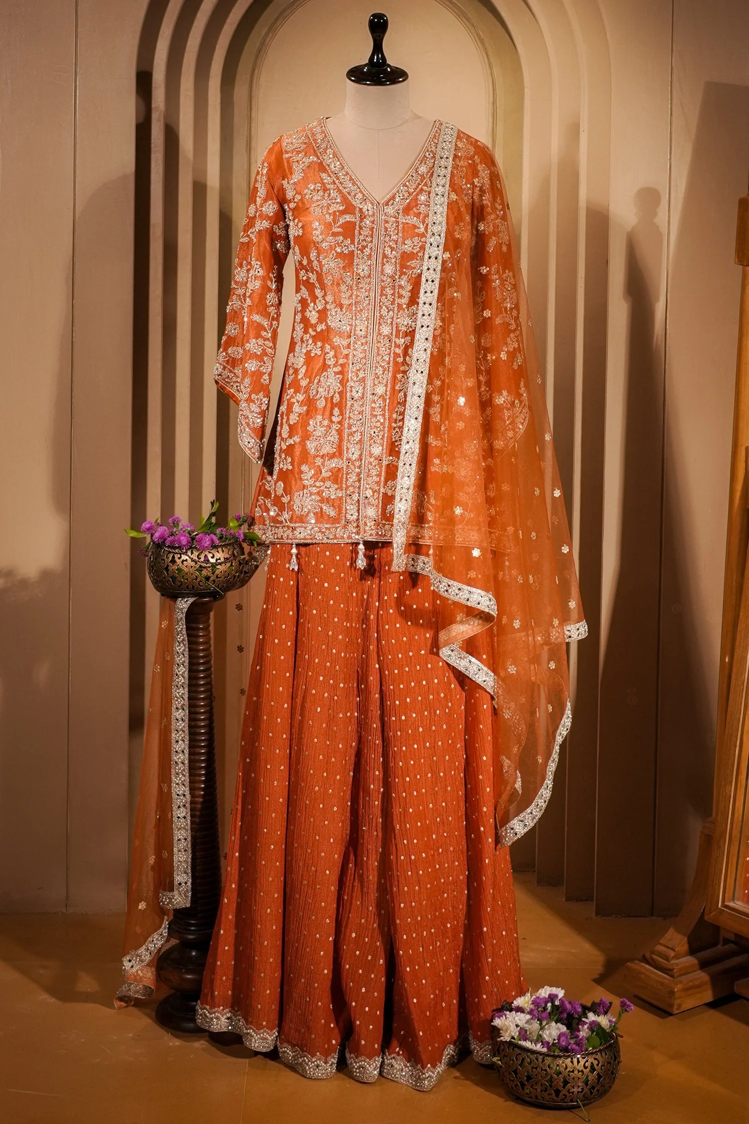 Orange Tissue Silk Sequin Embroidered and Mirror Worked Palazzo Suit - Image 2