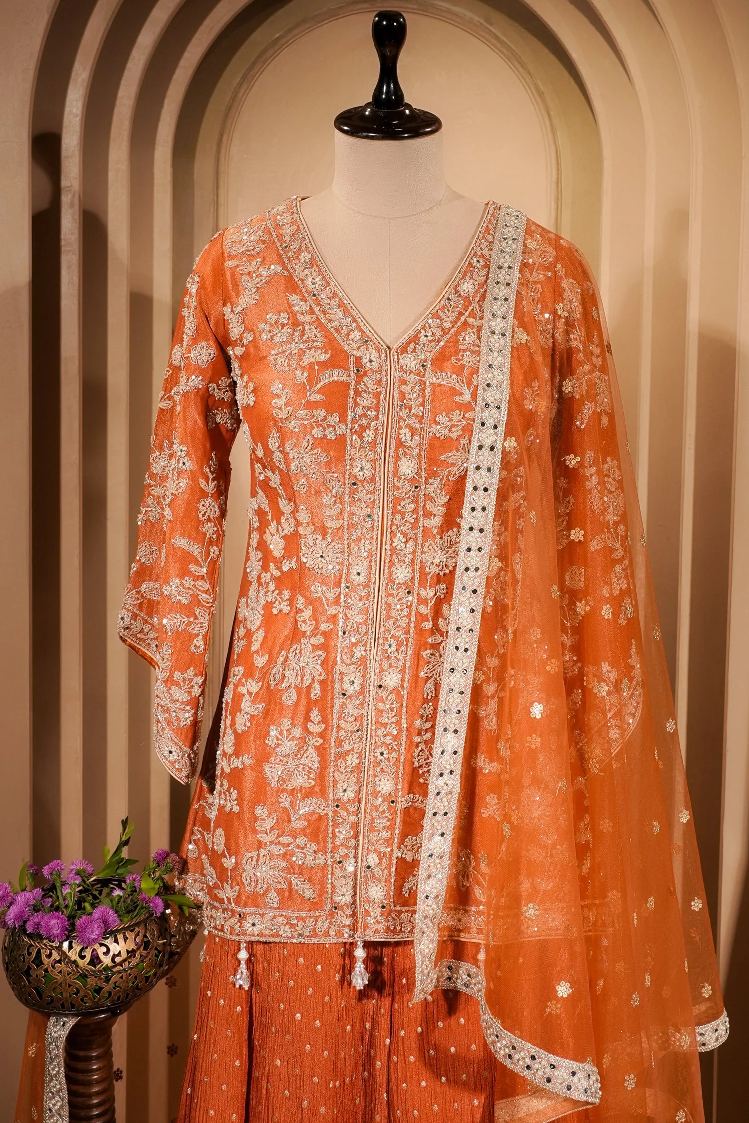 Orange Tissue Silk Sequin Embroidered and Mirror Worked Palazzo Suit - Image 3