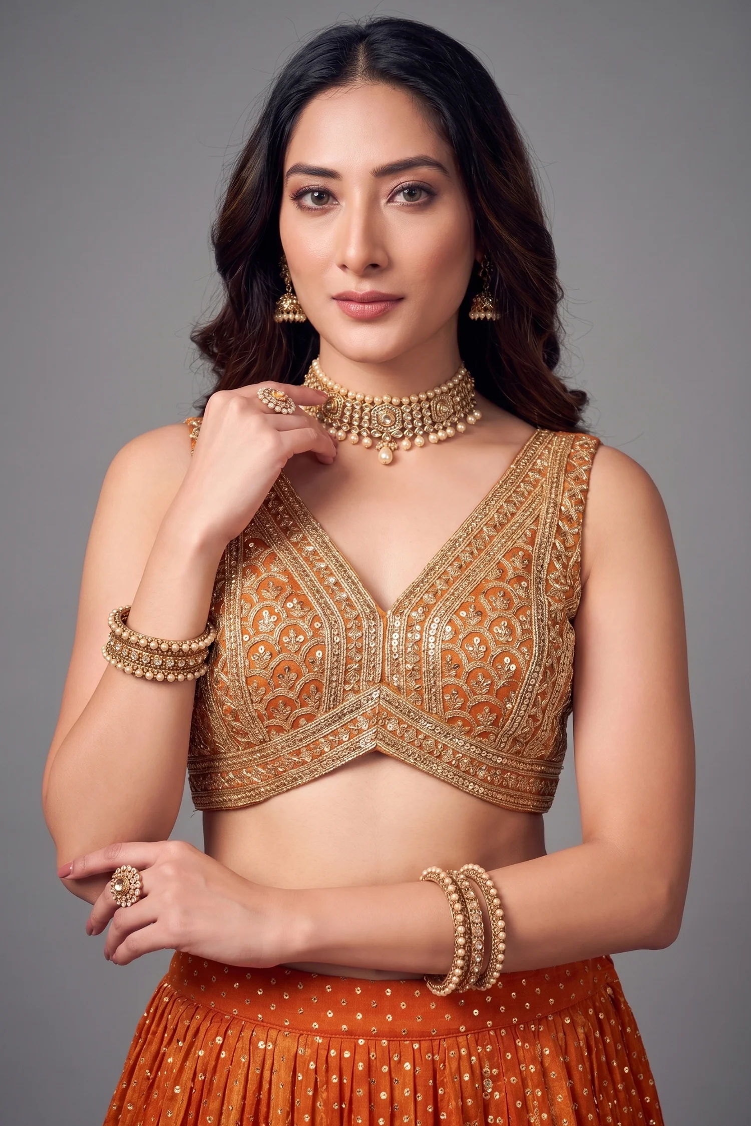 Orange Tissue Silk Woven Butti Lehenga with Sequin Embroidered Work - Image 2