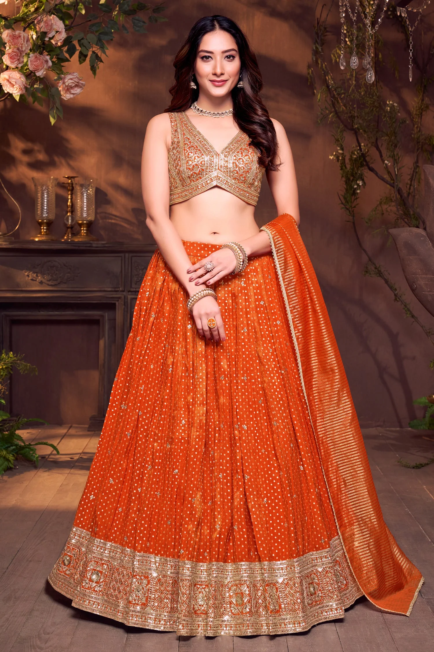 Orange Tissue Silk Woven Butti Lehenga with Sequin Embroidered Work - Image 3
