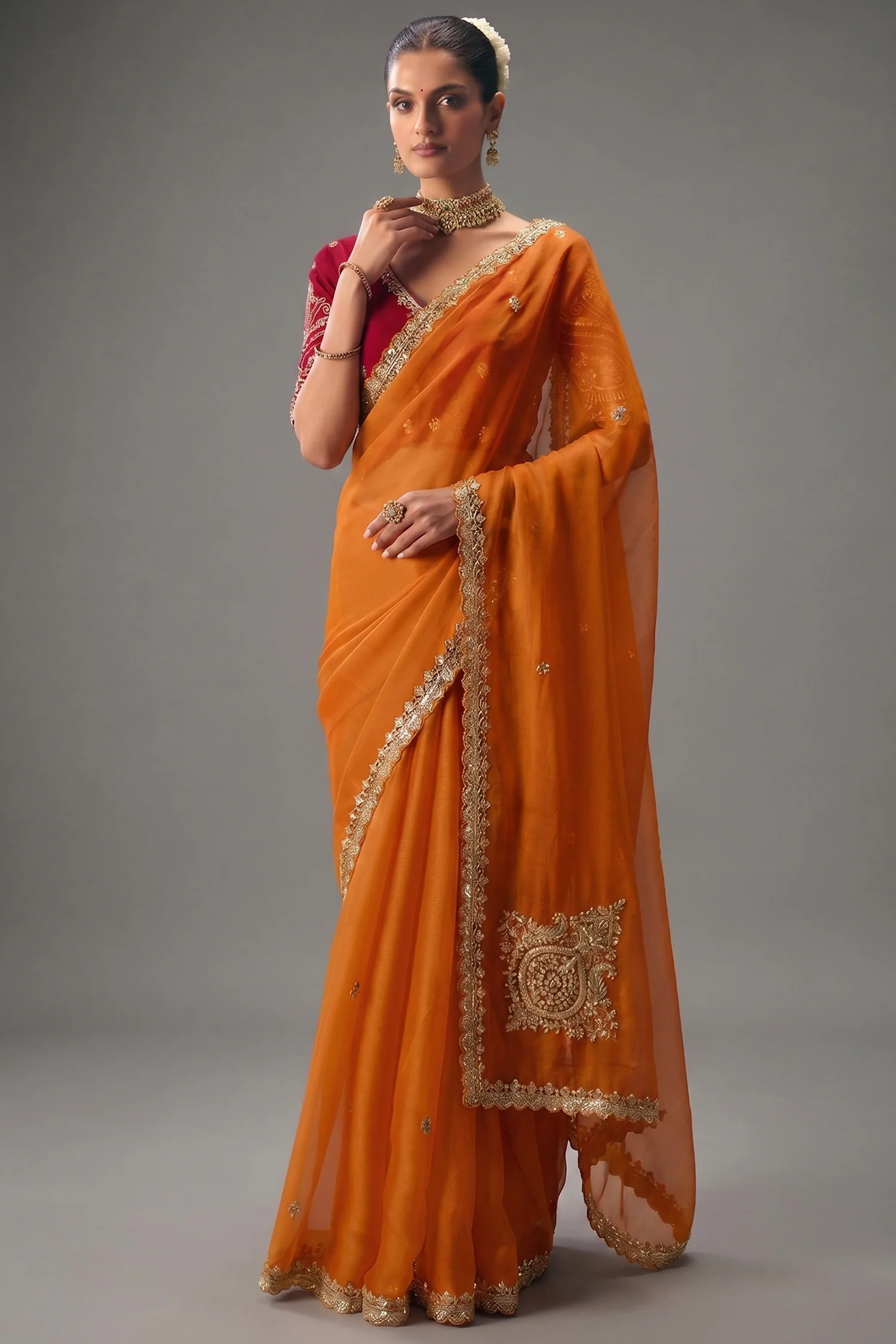 Orange Viscose Chiffon Saree With Embroidered Border And Sequin Work - Image 2