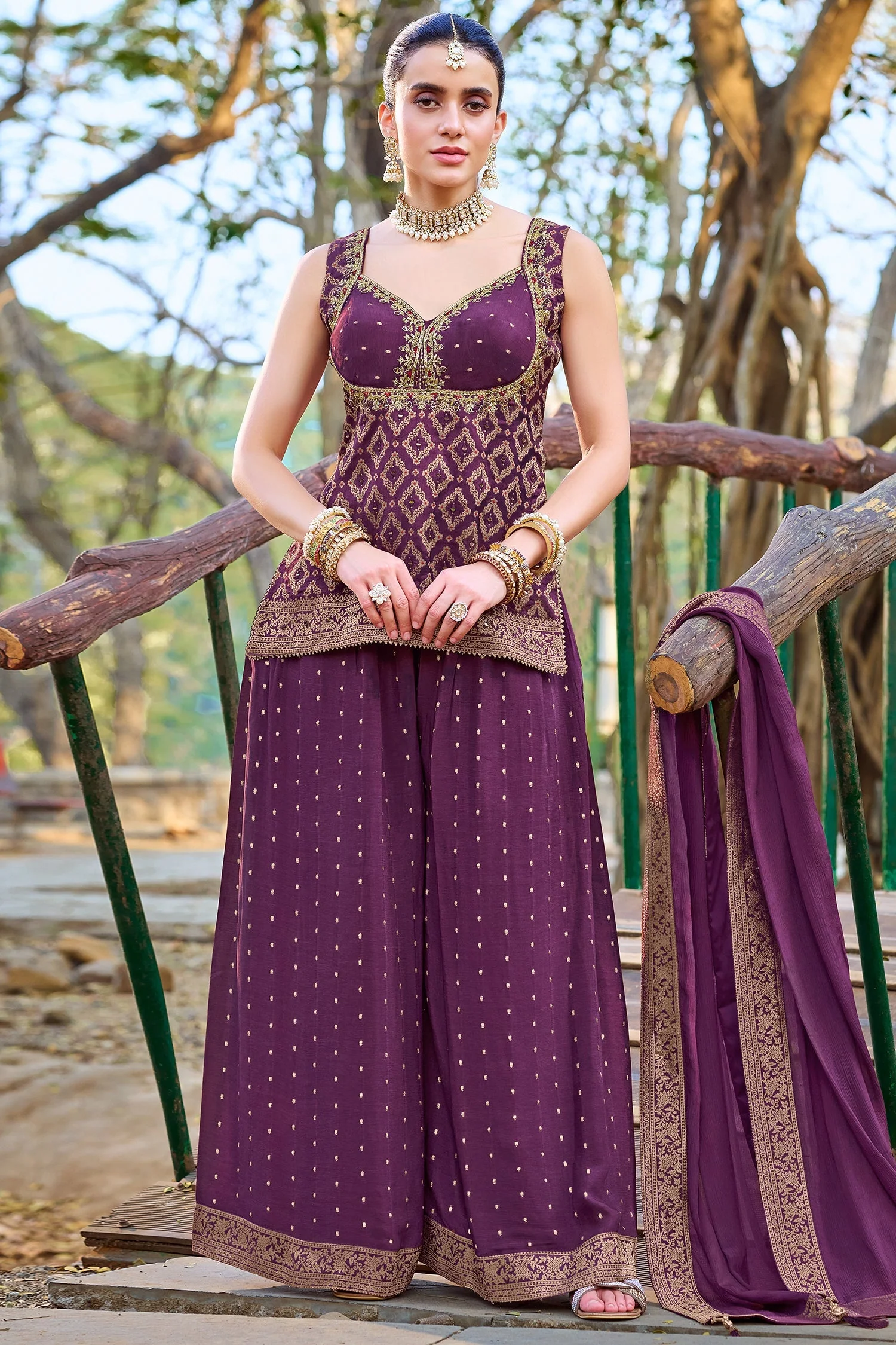 Orchid Purple Chinon Art Silk Woven Palazzo Suit - Image 2