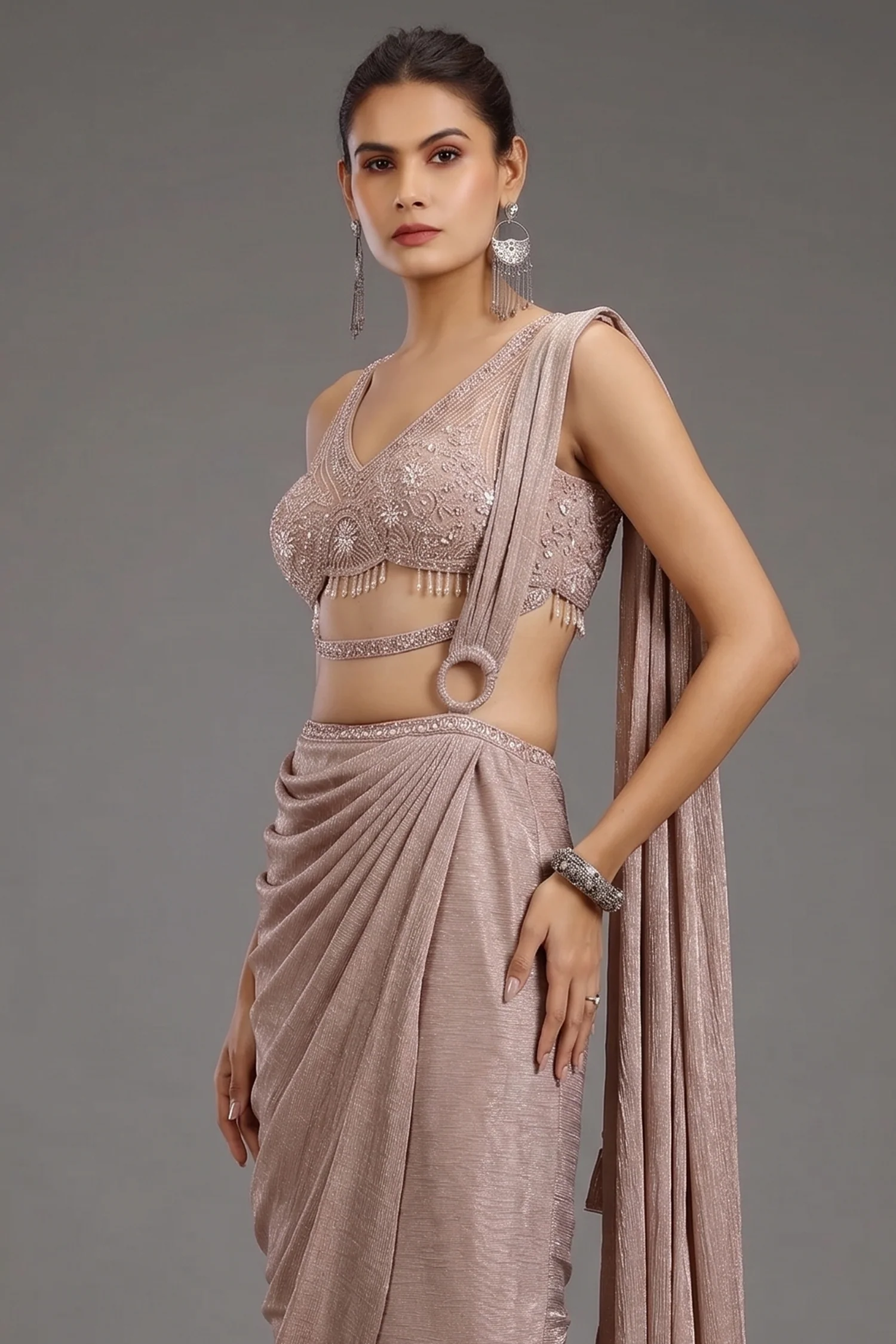 Pale Mauve Imported Pleated Readymade Lehenga Saree - Image 2
