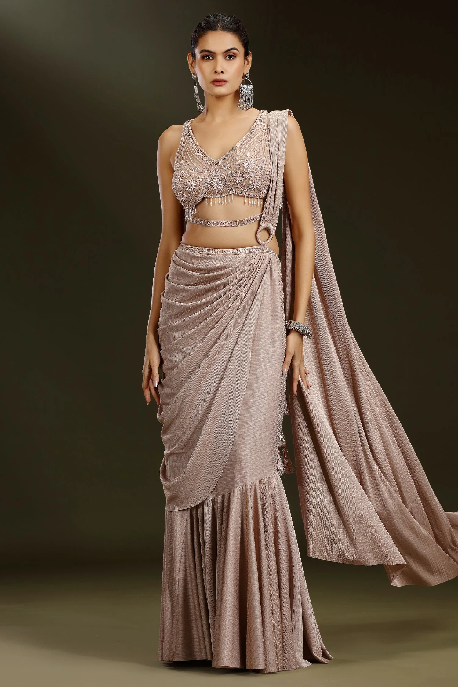 Pale Mauve Imported Pleated Readymade Lehenga Saree - Image 3