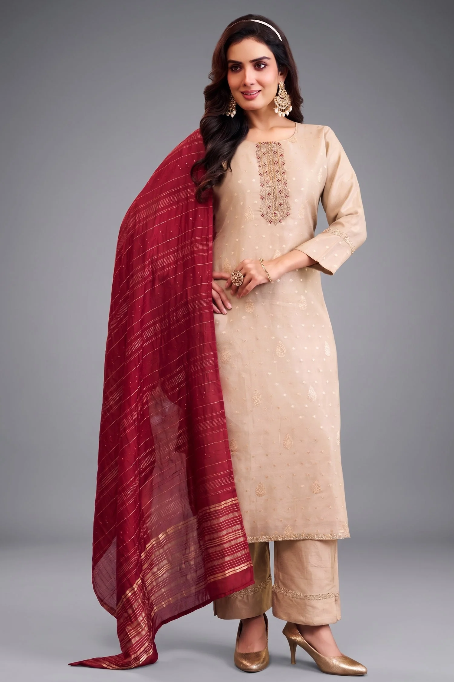 Pale Peach Tissue Woven Straight Cut Suit