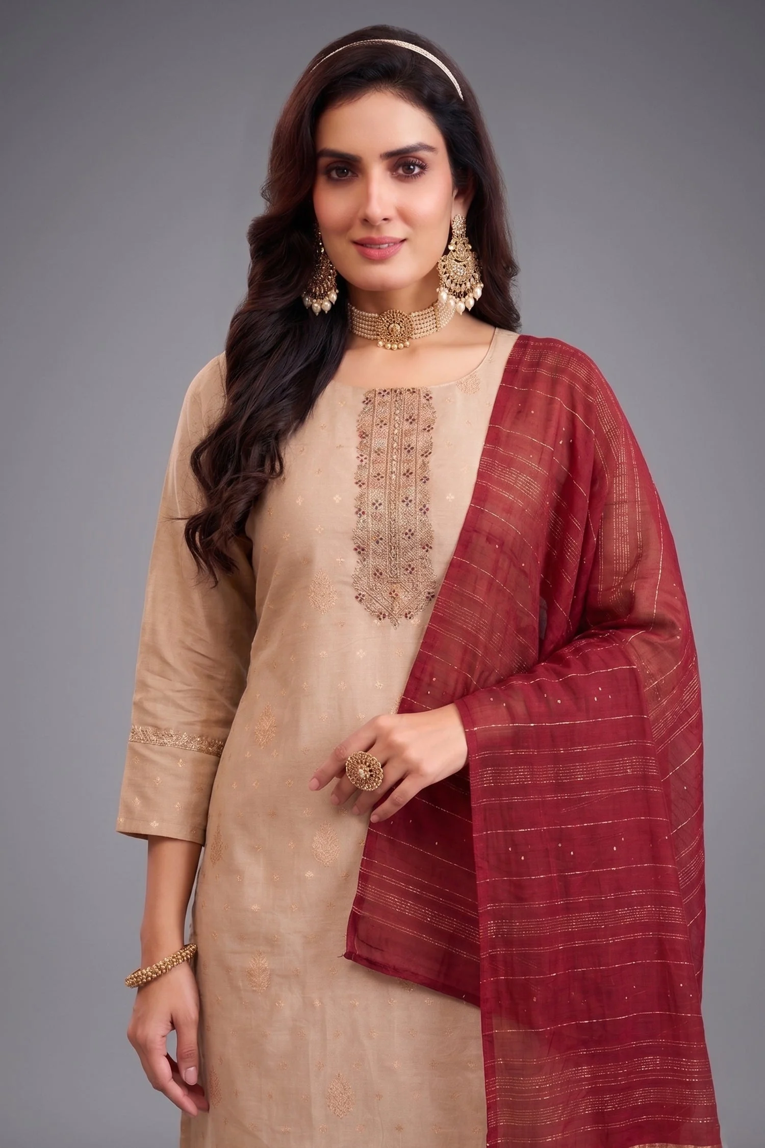 Pale Peach Tissue Woven Straight Cut Suit - Image 2