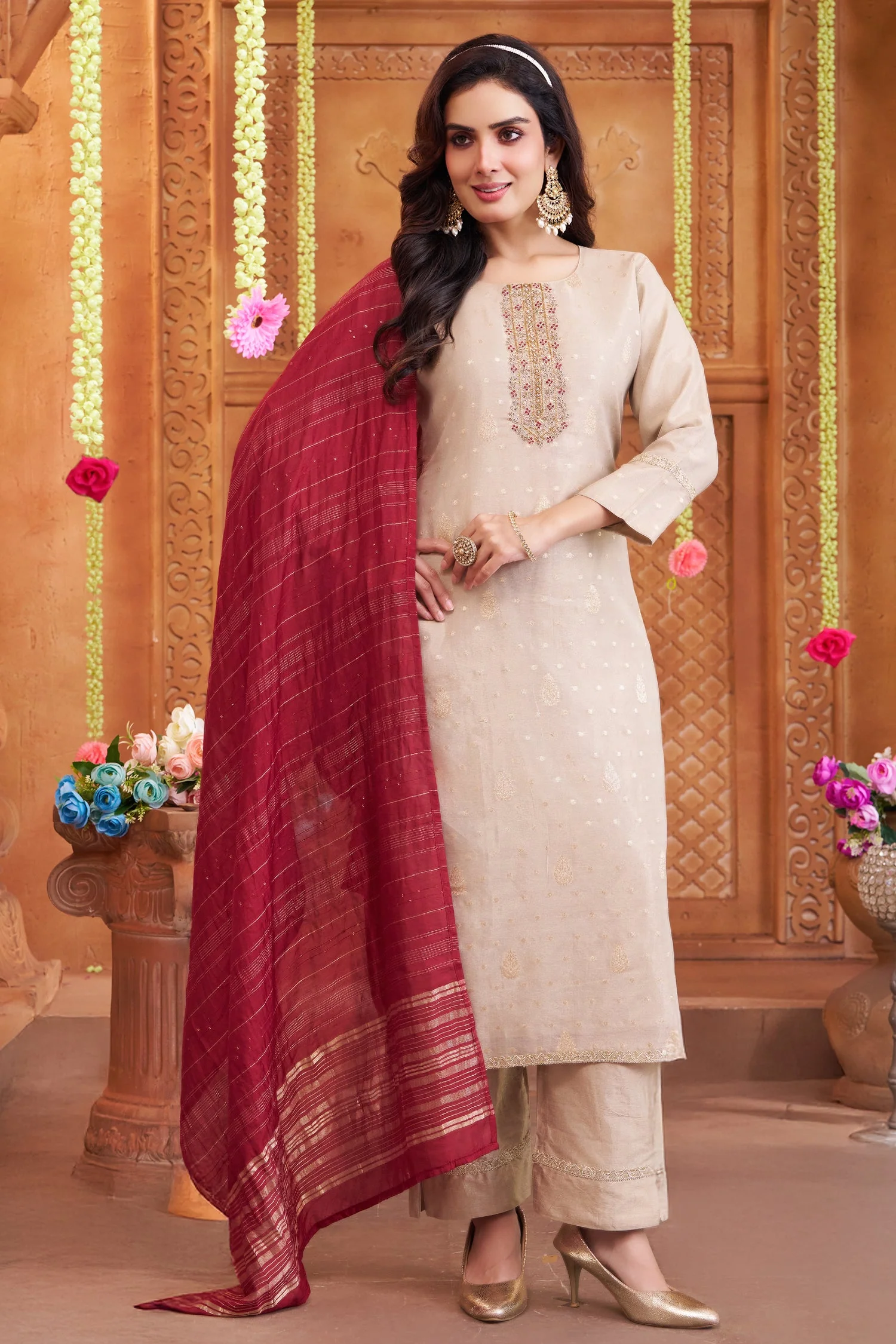 Pale Peach Tissue Woven Straight Cut Suit - Image 3