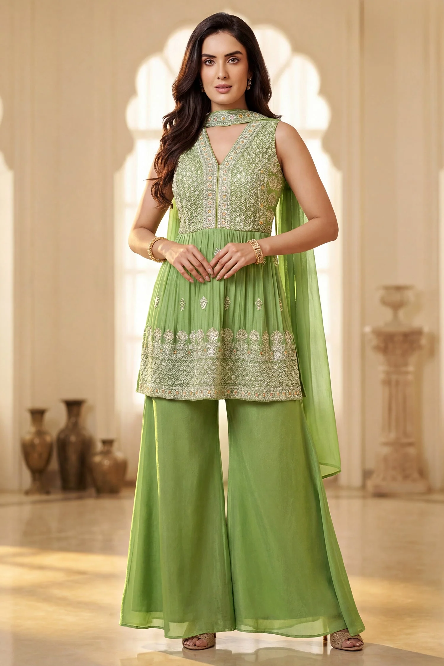Parrot Green Organza Embroidered Peplum Style Straight Cut Palazzo Suit - Image 3