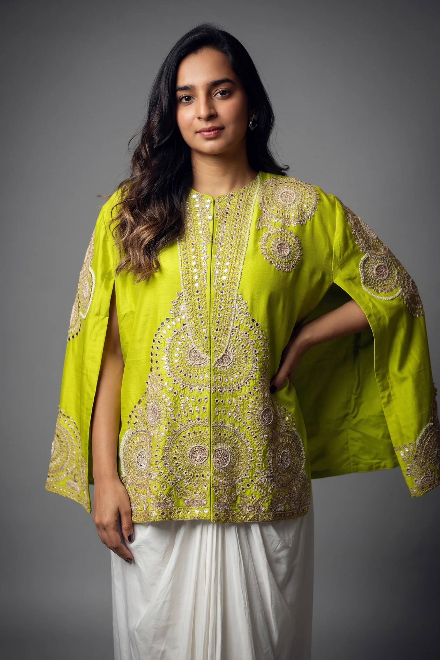 Parrot Green Raw Silk Beaded and Gota Work Cape Top and Dhoti Skirt Set - Image 2