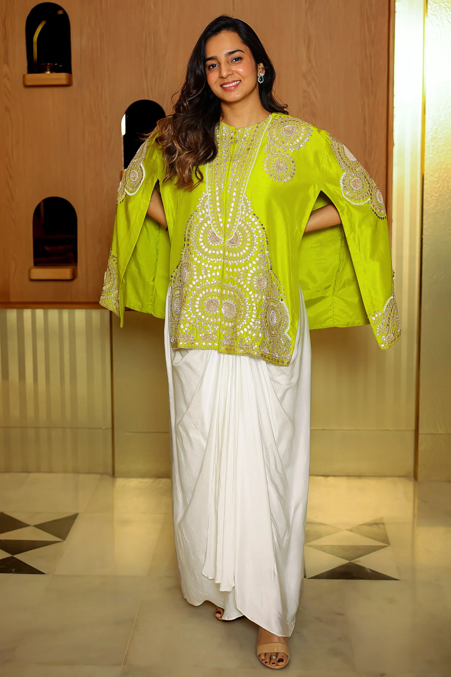 Parrot Green Raw Silk Beaded and Gota Work Cape Top and Dhoti Skirt Set - Image 3