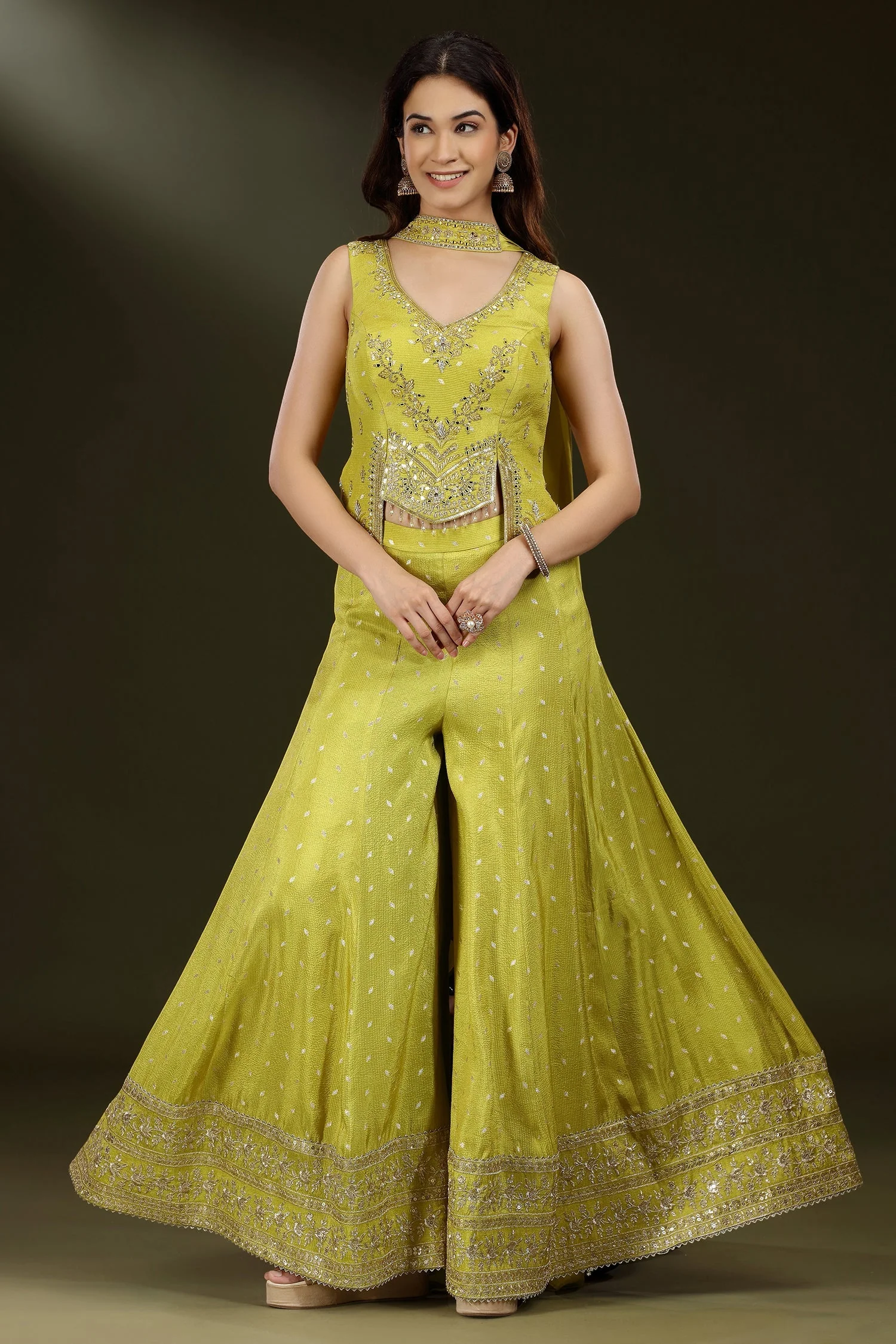 Parrot Green Silk Sequin Mirror Worked Palazzo Set