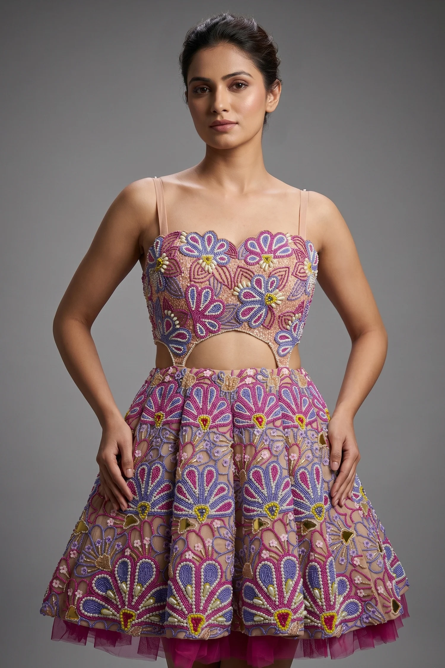 Pastel Pink Net All Over Beaded Cutwork Mini Dress - Image 2