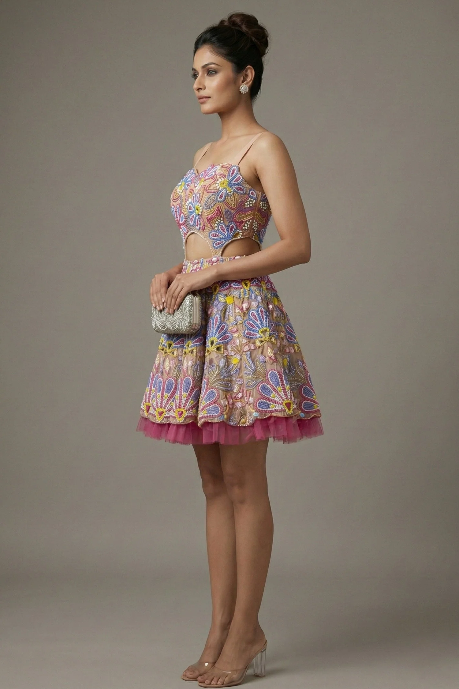 Pastel Pink Net All Over Beaded Cutwork Mini Dress - Image 3