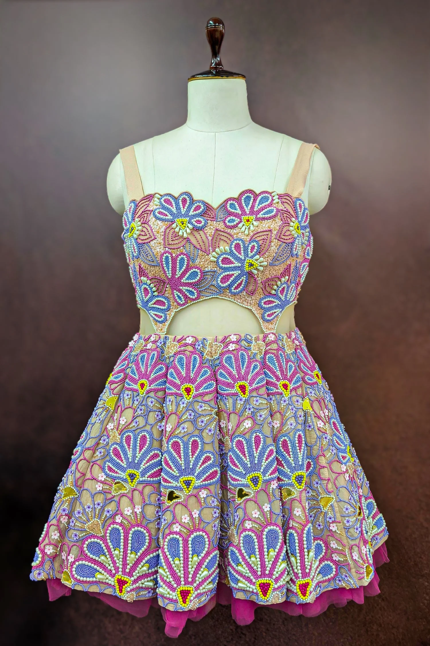 Pastel Pink Net All Over Beaded Cutwork Mini Dress - Image 4