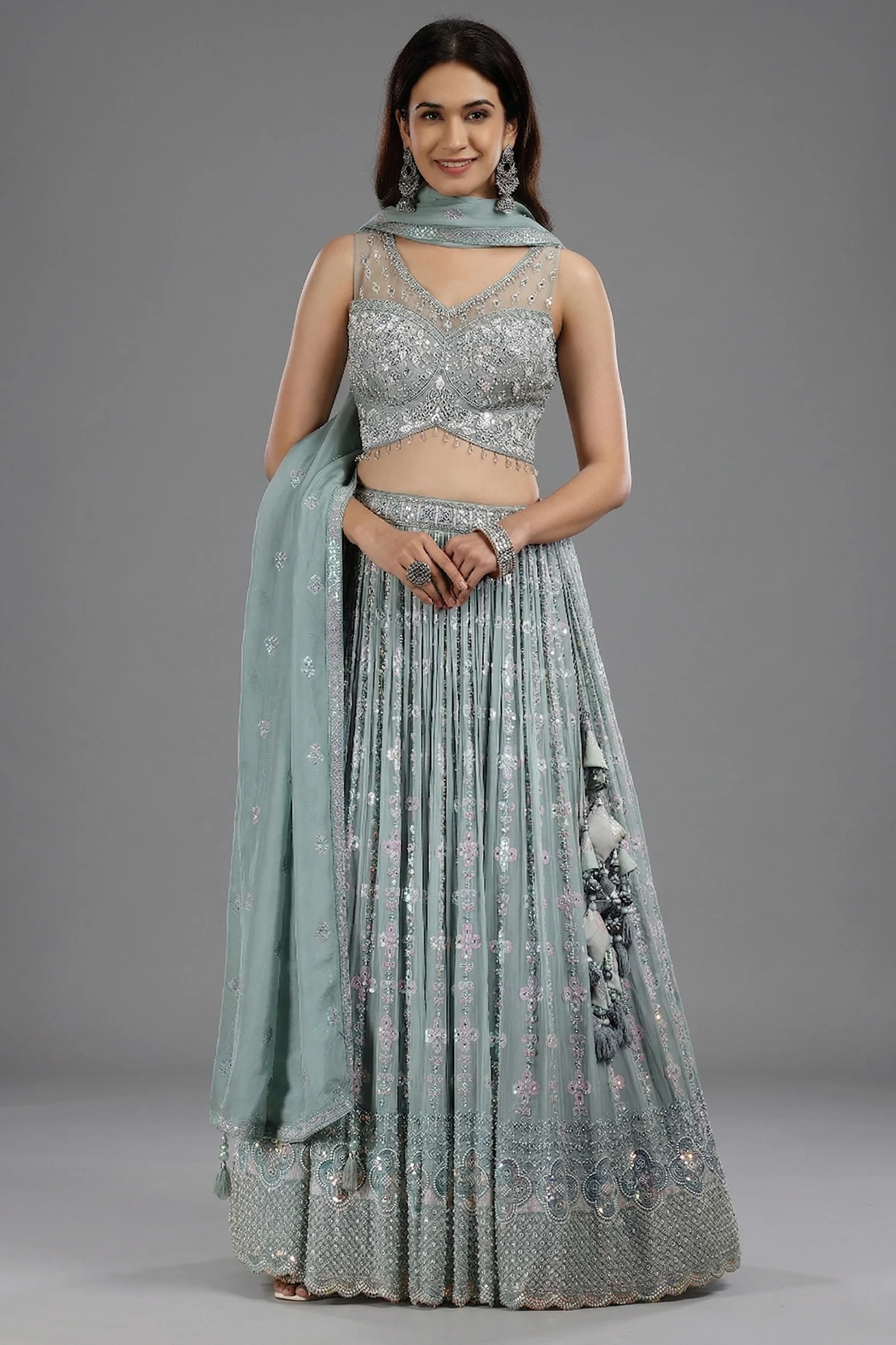 Pastel Sheen Green Organza Sequinned Lehenga with Beaded and Cutdana Work