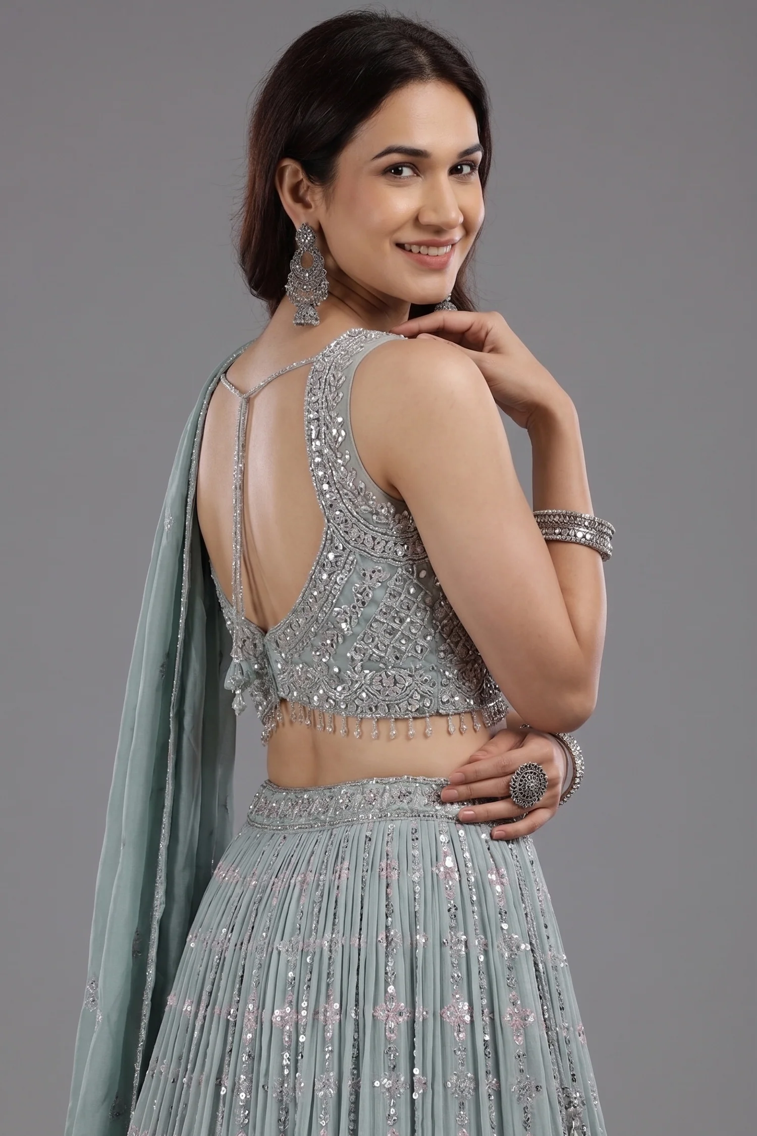 Pastel Sheen Green Organza Sequinned Lehenga with Beaded and Cutdana Work - Image 2