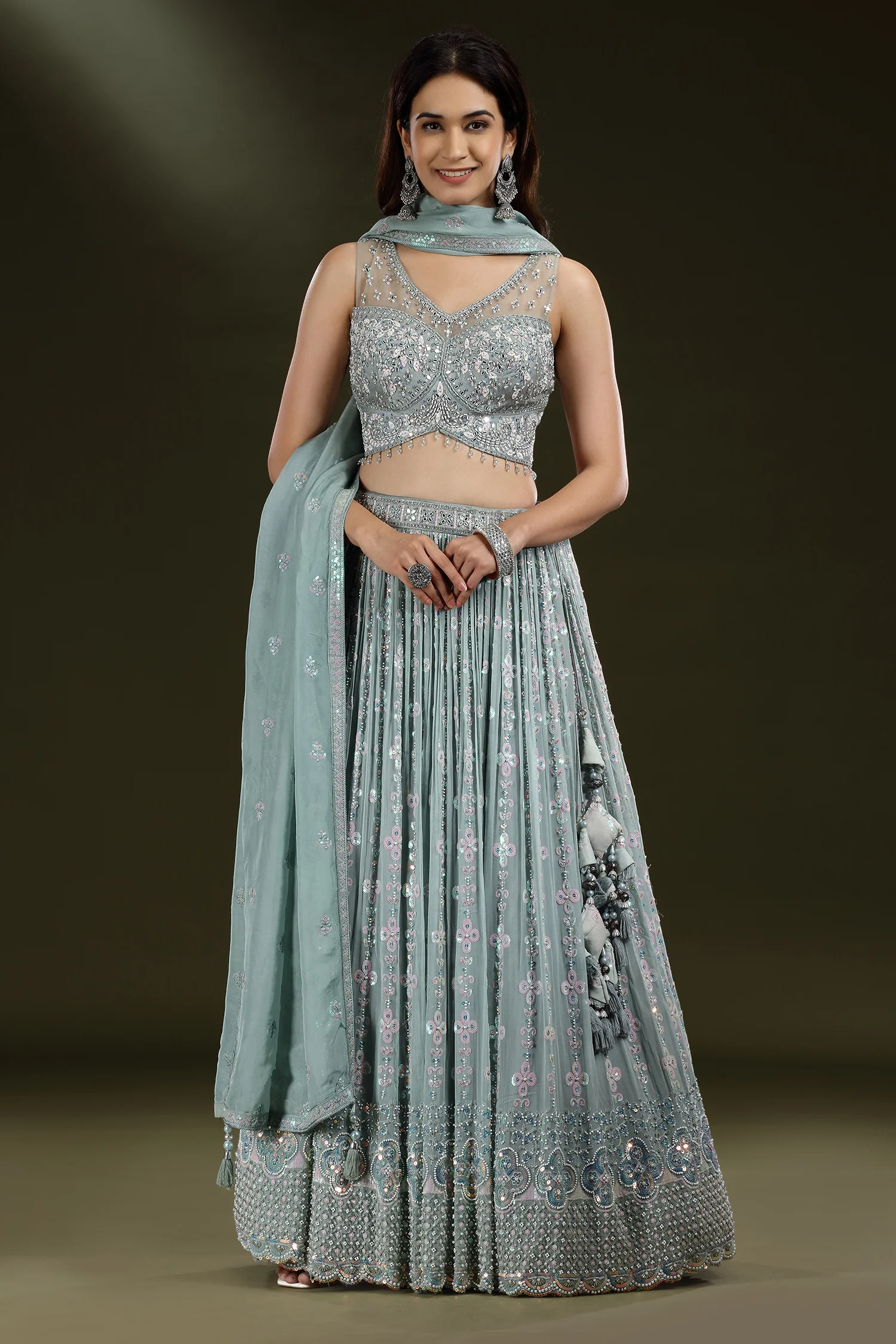 Pastel Sheen Green Organza Sequinned Lehenga with Beaded and Cutdana Work - Image 3