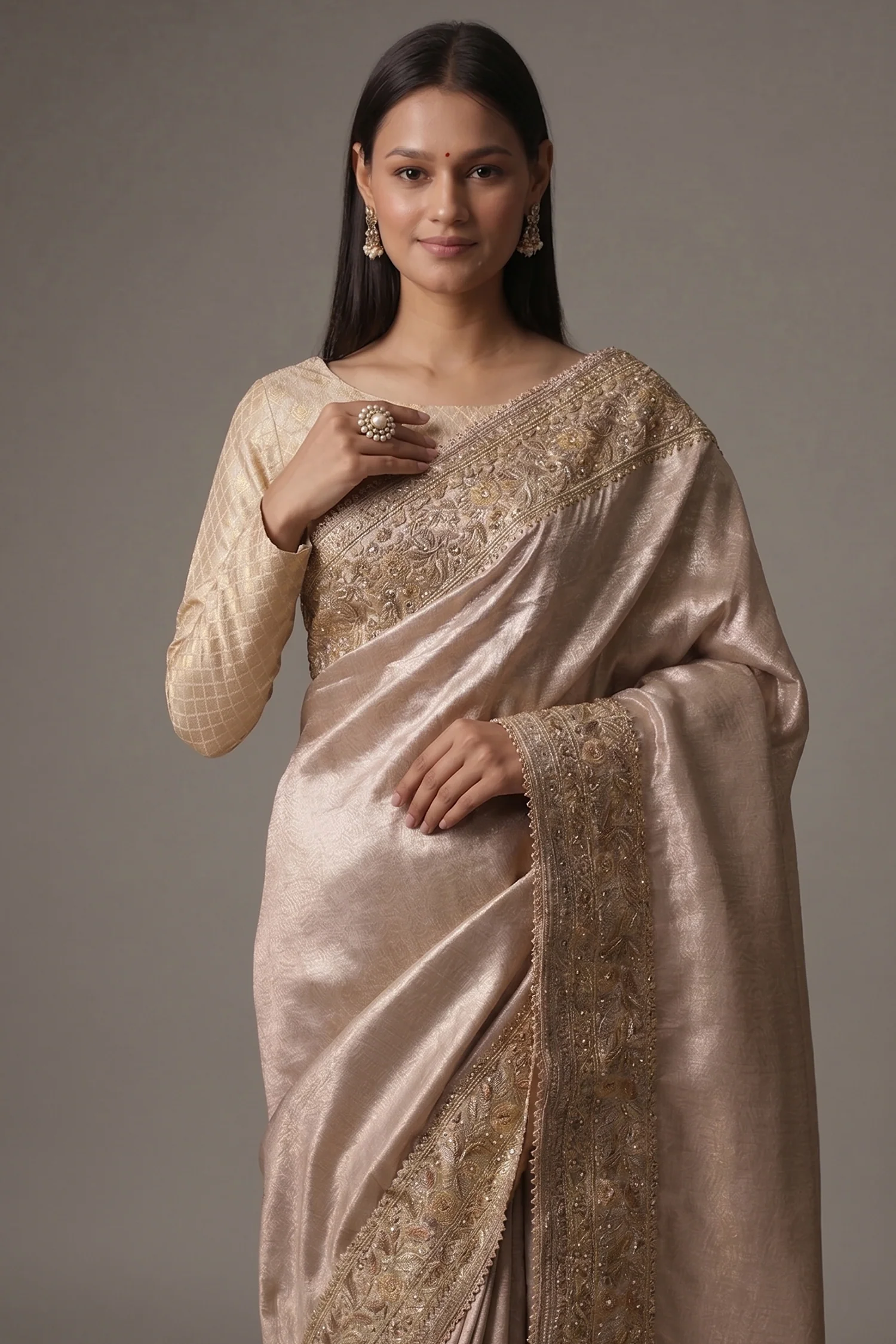 Peach Dola Silk Saree with Sequin Embroidery Border - Image 2