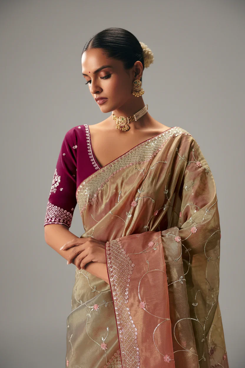 Peach Gold Viscose Chiffon Saree With Heavy Zari And Thread Embroidery - Image 2