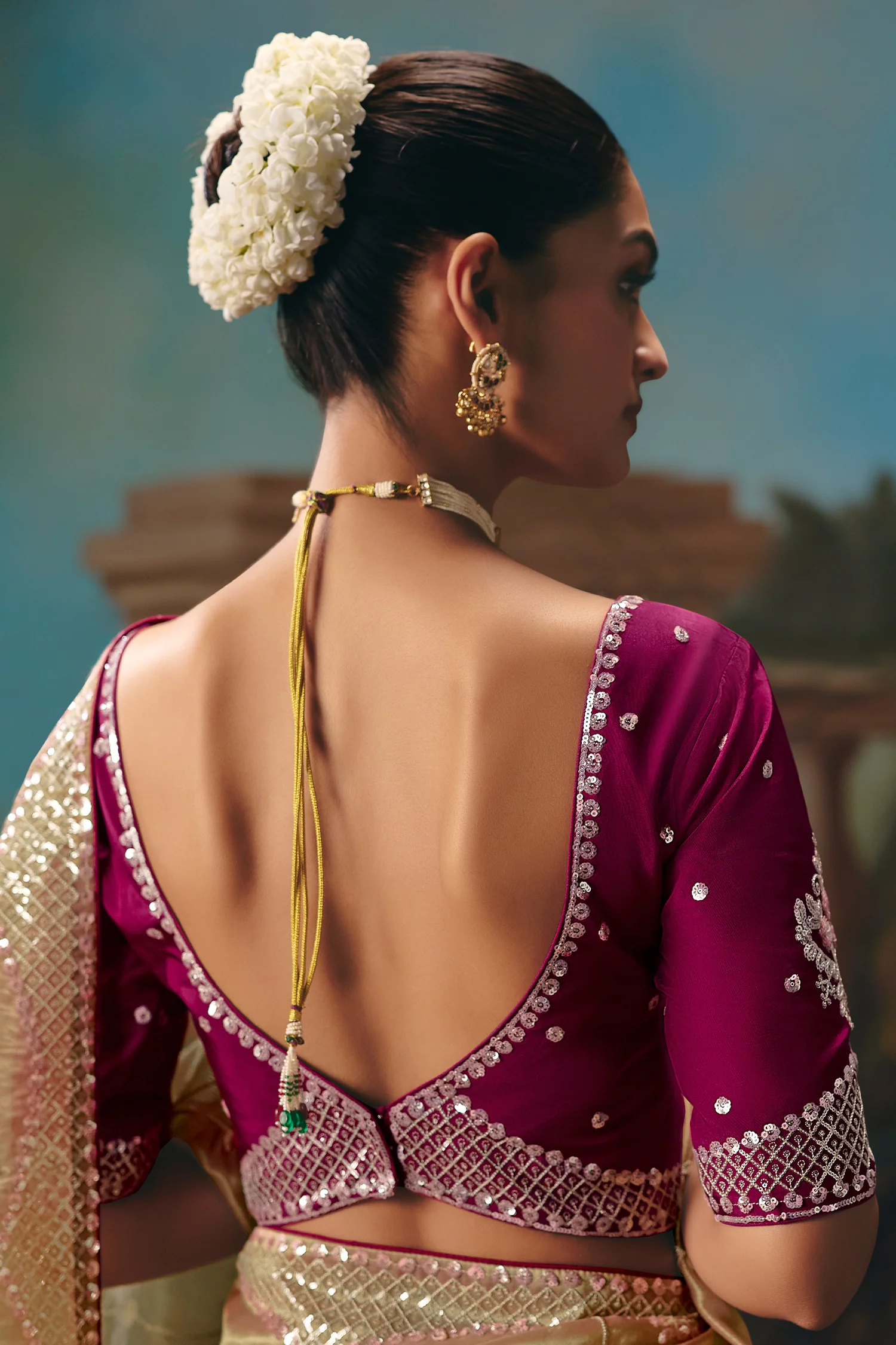 Peach Gold Viscose Chiffon Saree With Heavy Zari And Thread Embroidery - Image 5