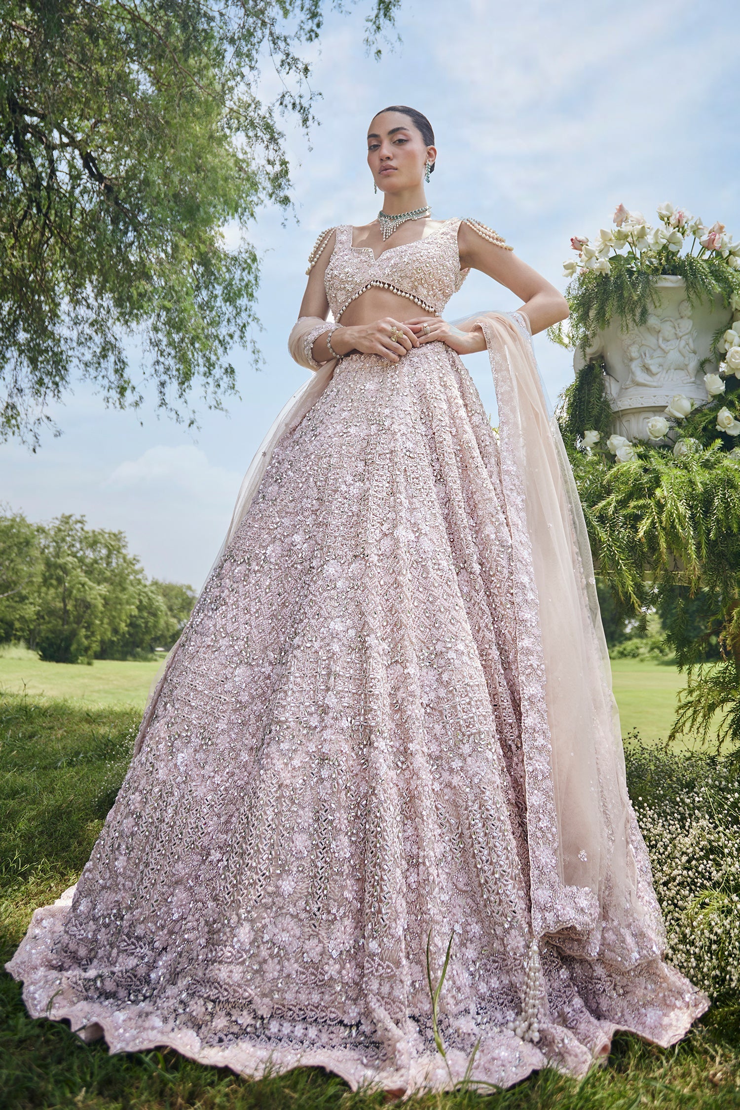 Peach Net Designer All Over Sequin Beaded Lehenga - Image 3