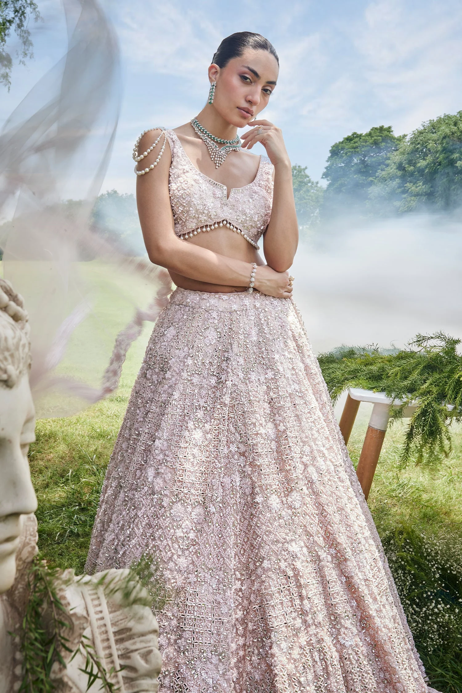 Peach Net Designer All Over Sequin Beaded Lehenga - Image 4