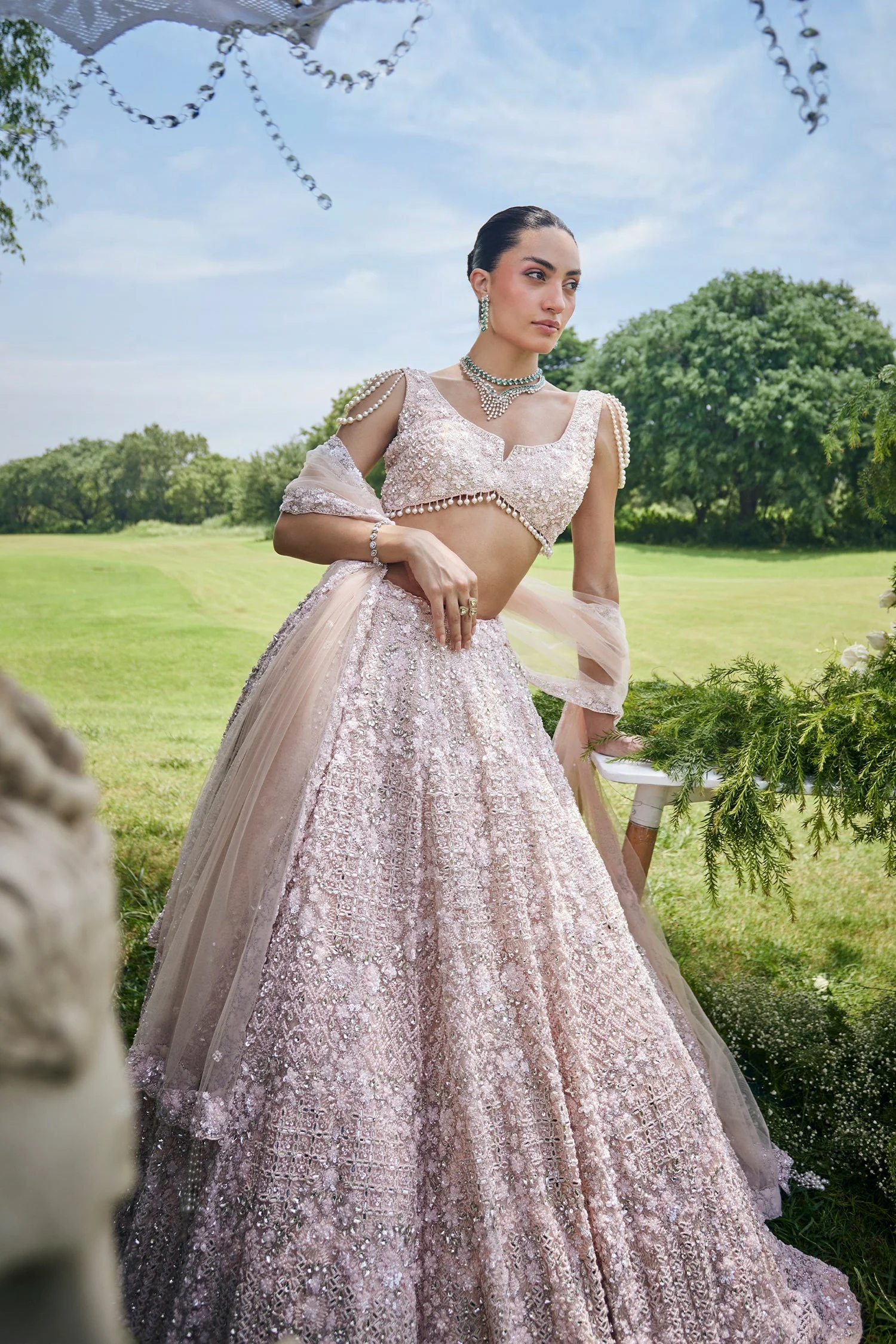 Peach Net Designer All Over Sequin Beaded Lehenga - Image 5