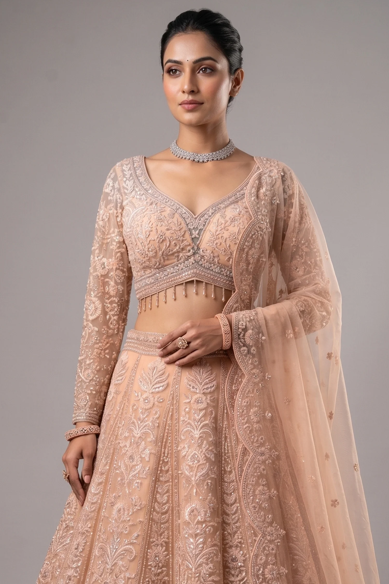 Peach Net Designer Handworked Lehenga - Image 2
