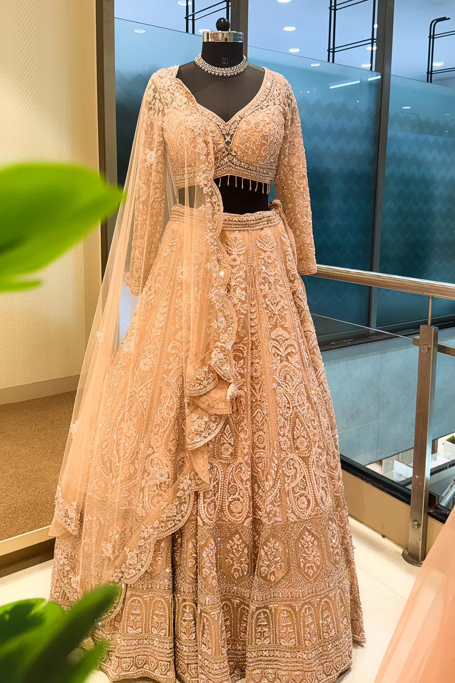 Peach Net Designer Handworked Lehenga - Image 3